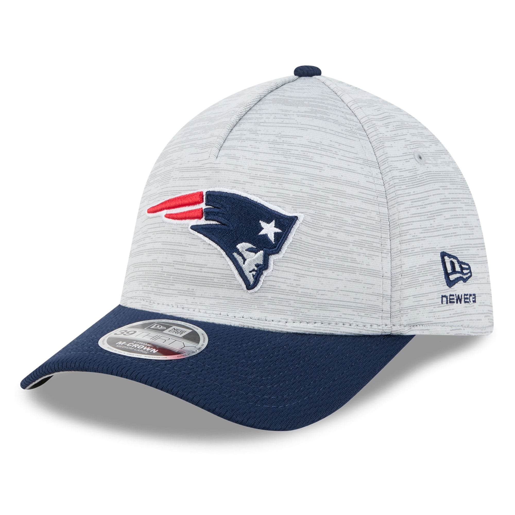 Men's New Era Gray/Navy England Patriots Tech M-Crown A-Frame 39THIRTY Flex Hat