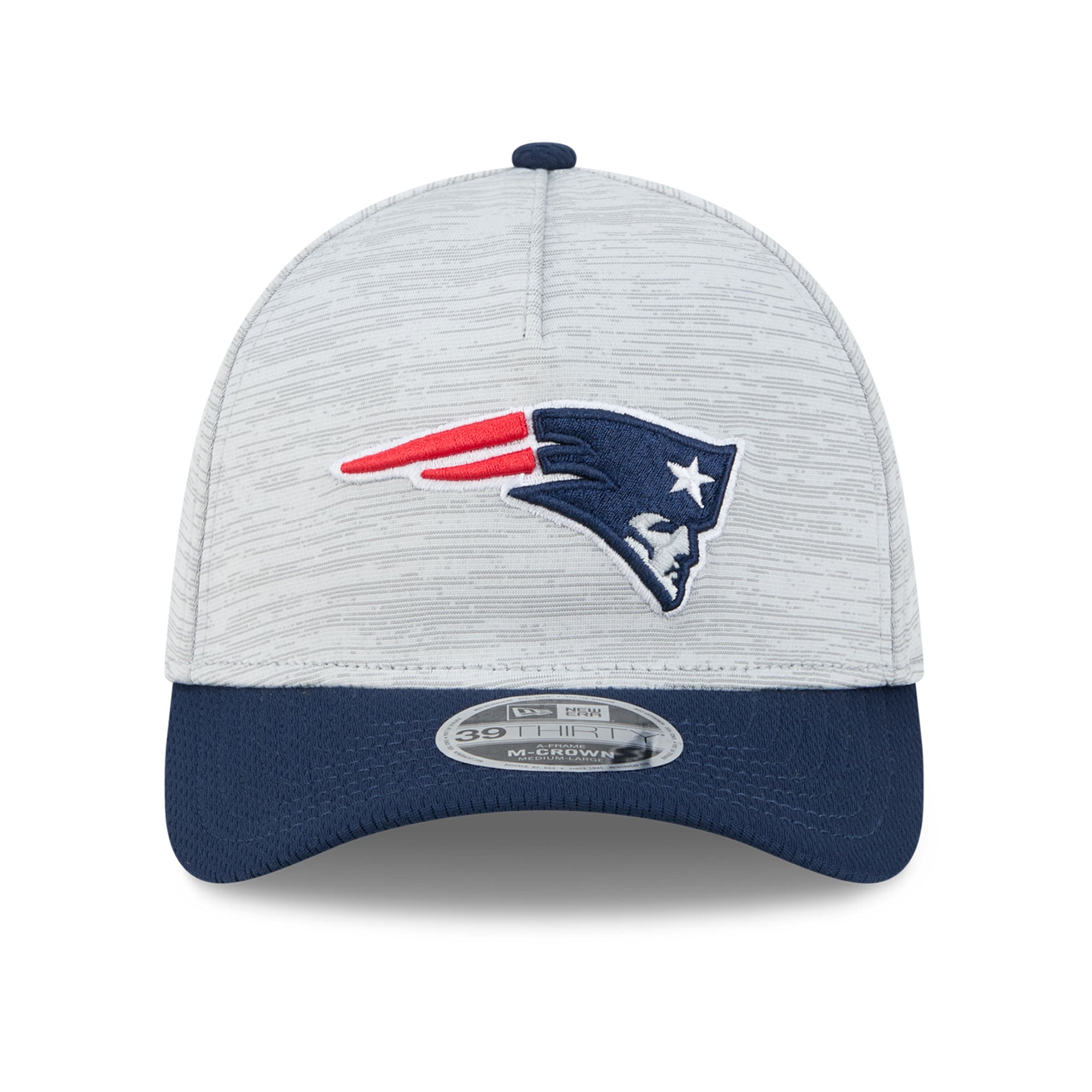 Men's New Era Gray/Navy England Patriots Tech M-Crown A-Frame 39THIRTY Flex Hat