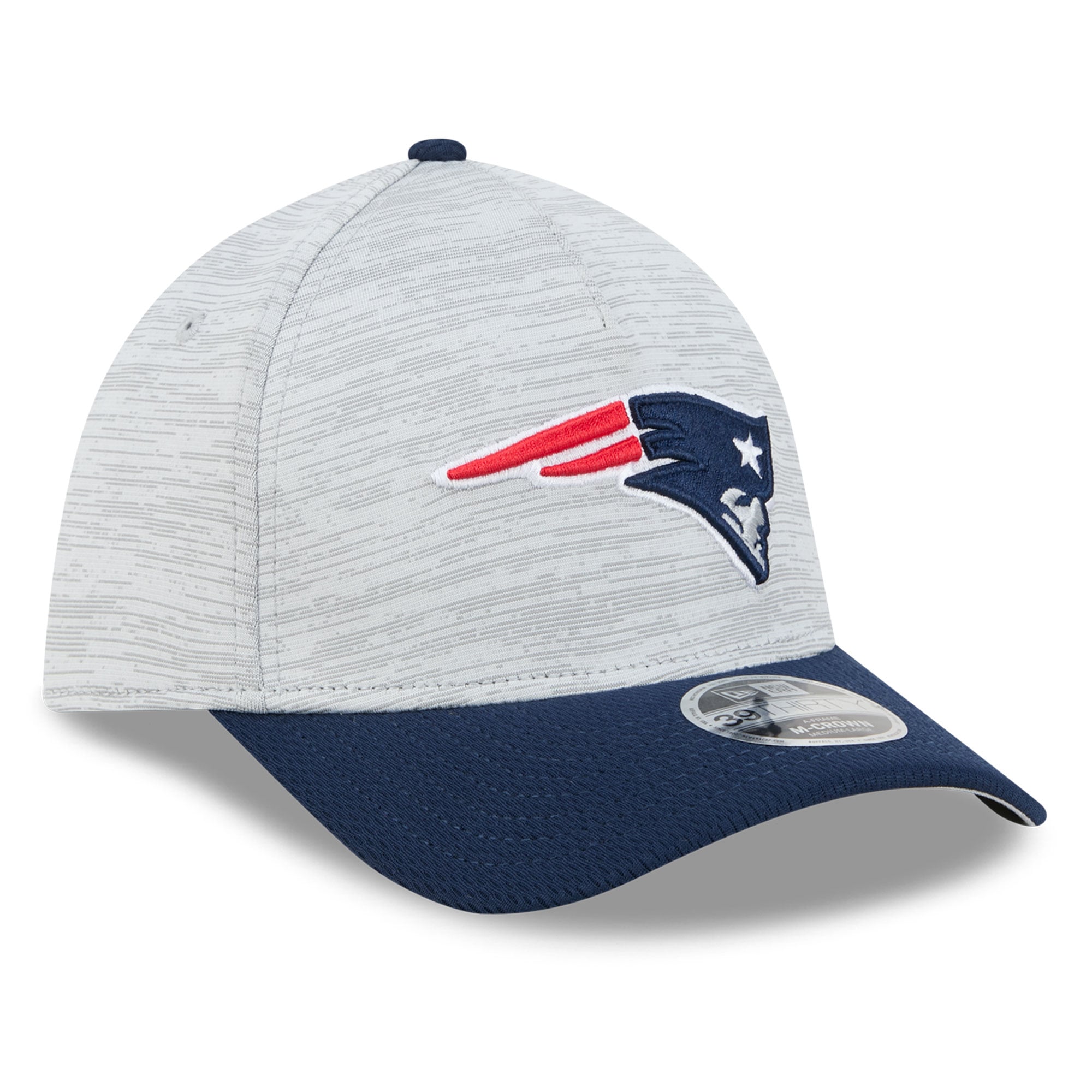 Men's New Era Gray/Navy England Patriots Tech M-Crown A-Frame 39THIRTY Flex Hat