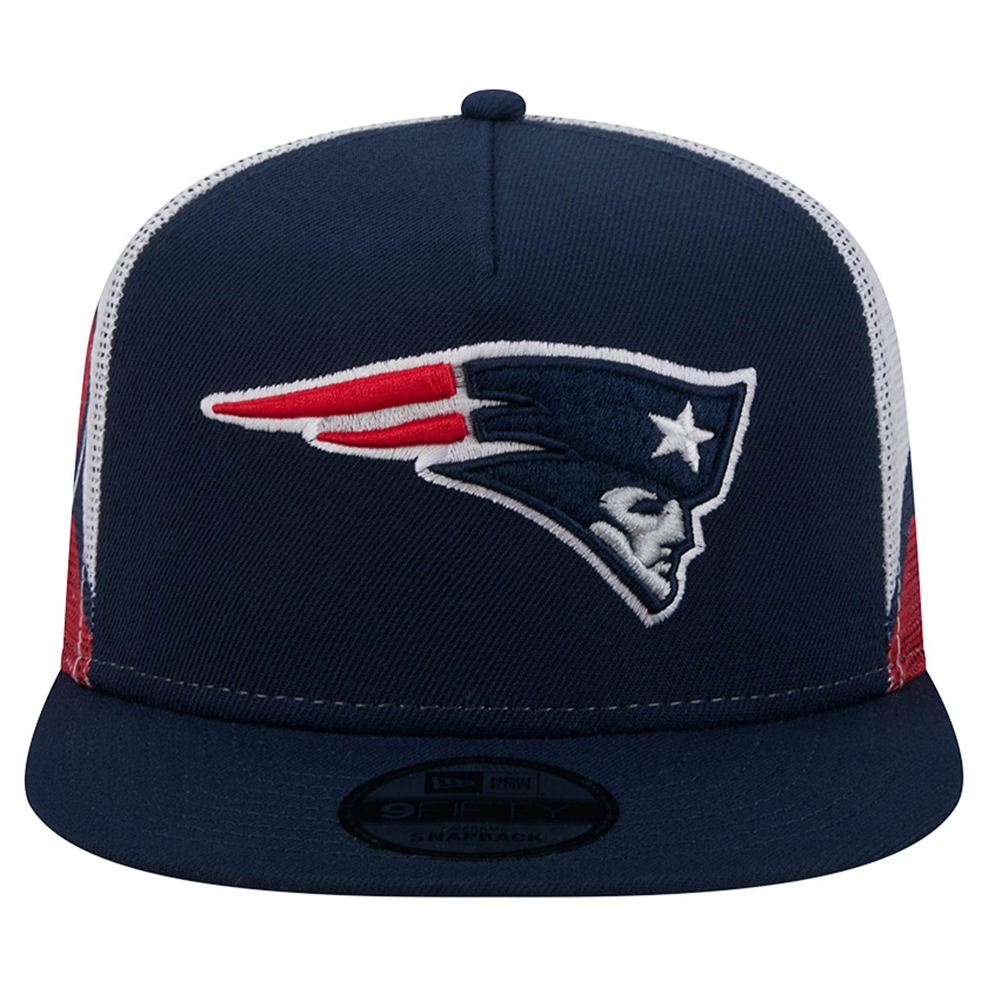 Casquette trucker New Era 9FIFTY Snapback pour homme, bleu marine/rouge, New England Patriots, maille, style A-Frame.
