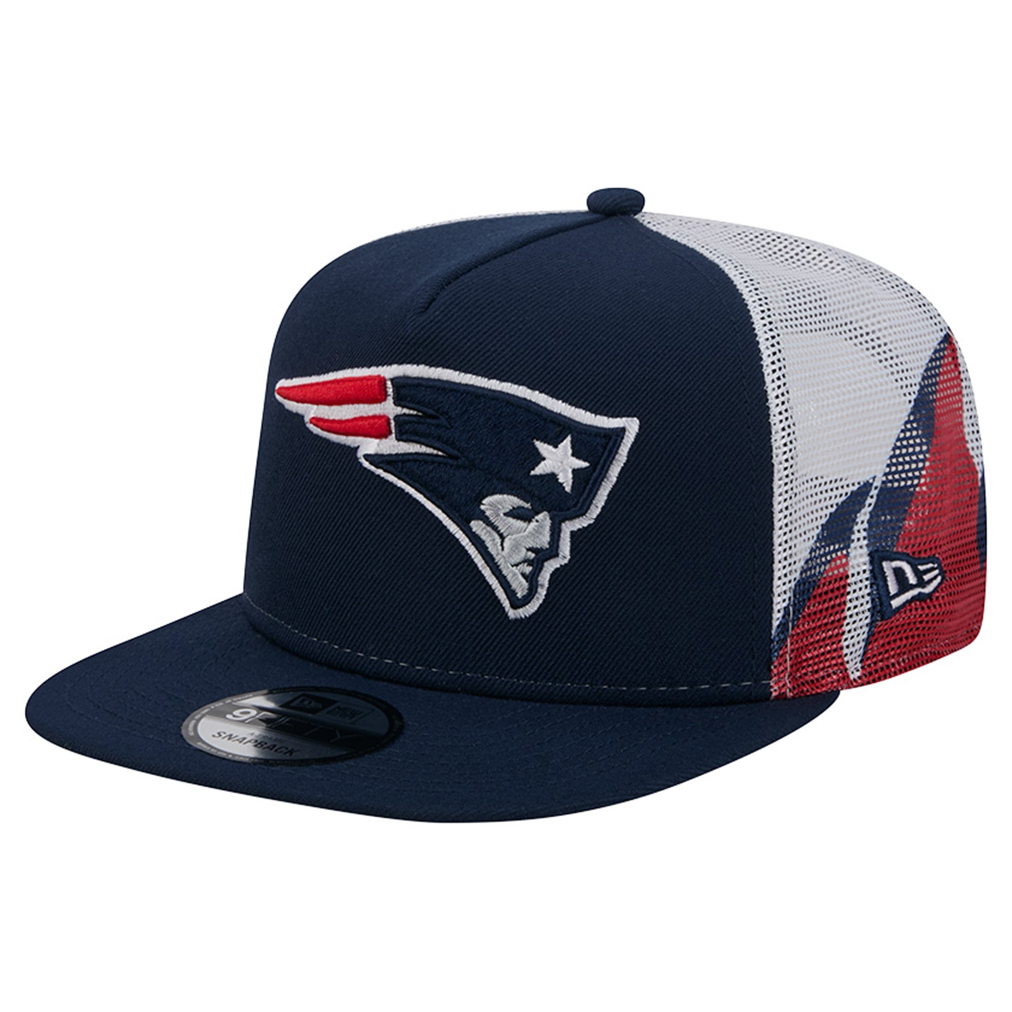 Casquette trucker New Era 9FIFTY Snapback pour homme, bleu marine/rouge, New England Patriots, maille, style A-Frame.