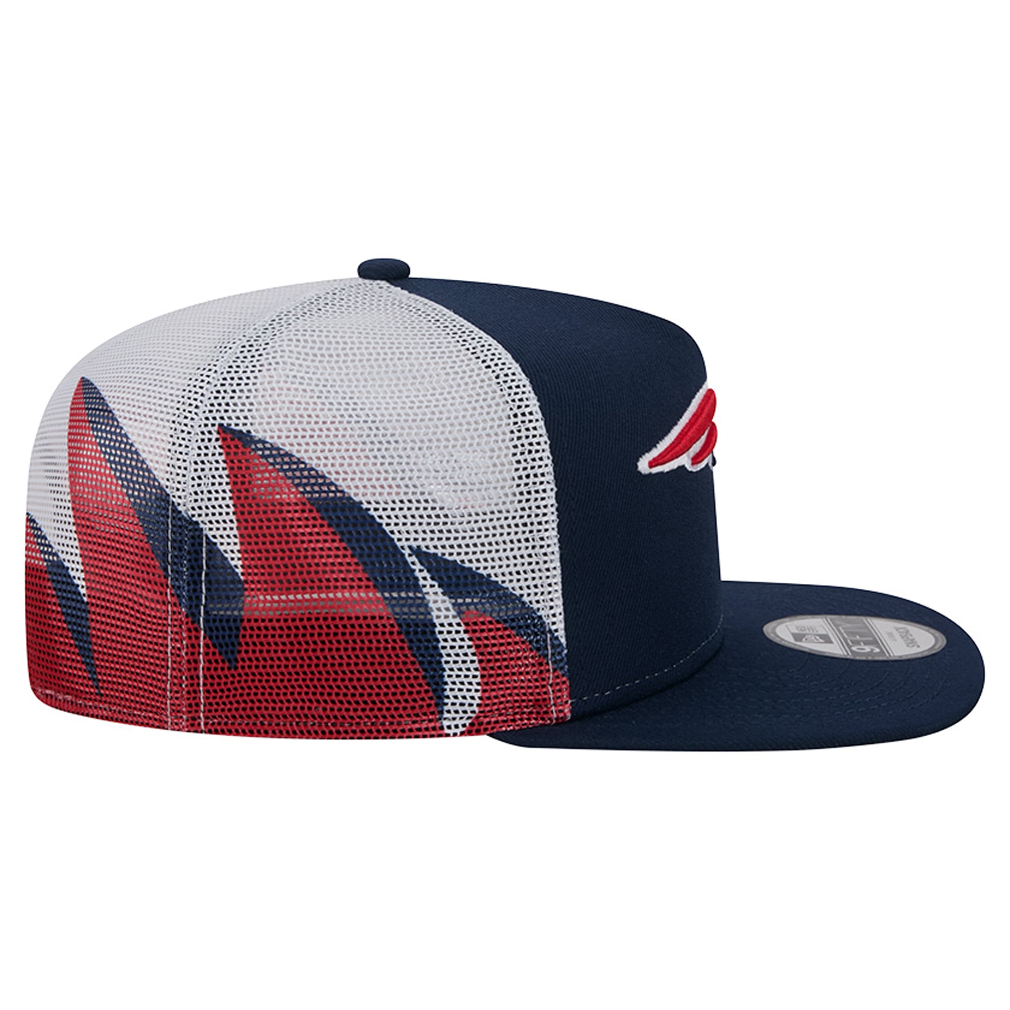 Casquette trucker New Era 9FIFTY Snapback pour homme, bleu marine/rouge, New England Patriots, maille, style A-Frame.