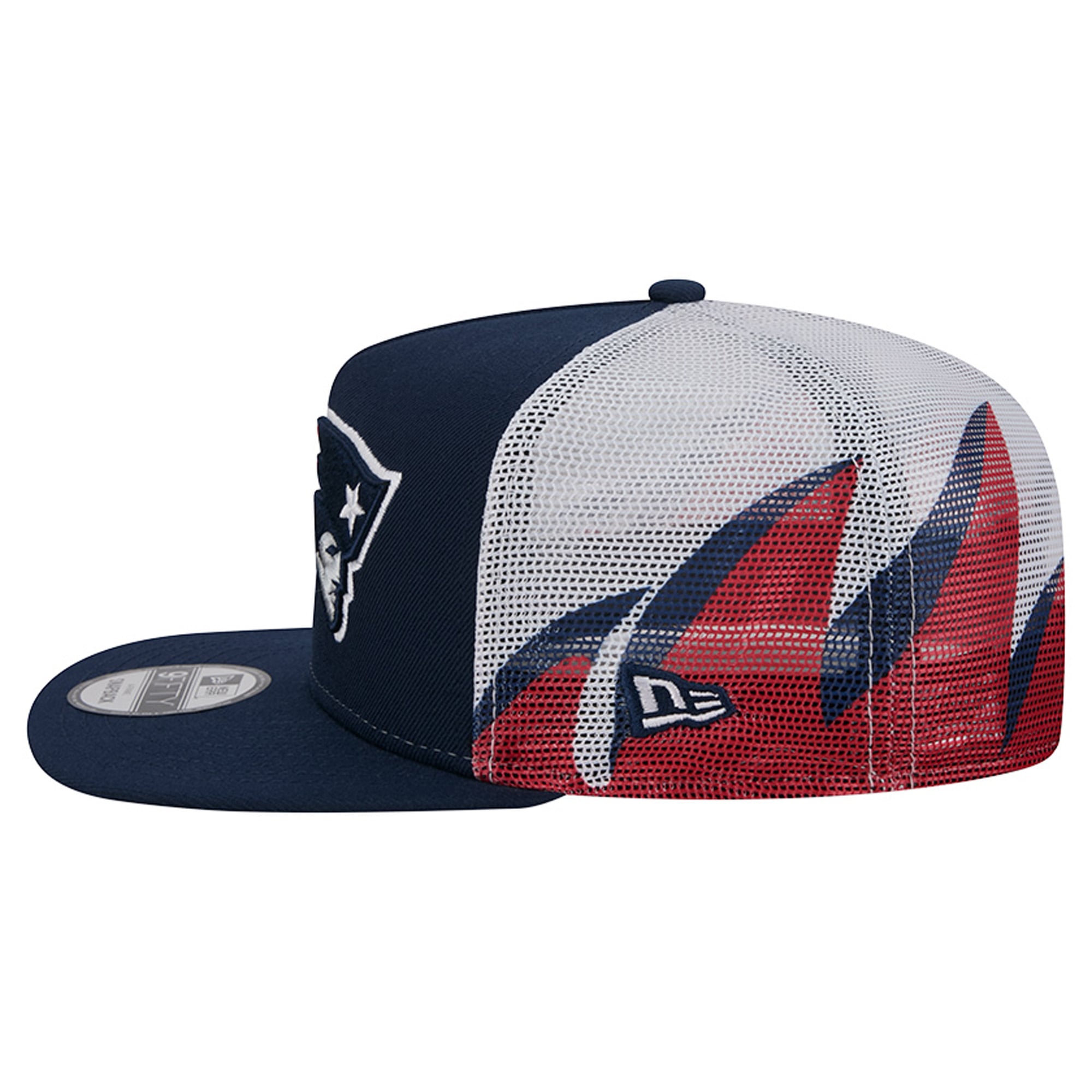 Casquette trucker New Era 9FIFTY Snapback pour homme, bleu marine/rouge, New England Patriots, maille, style A-Frame.