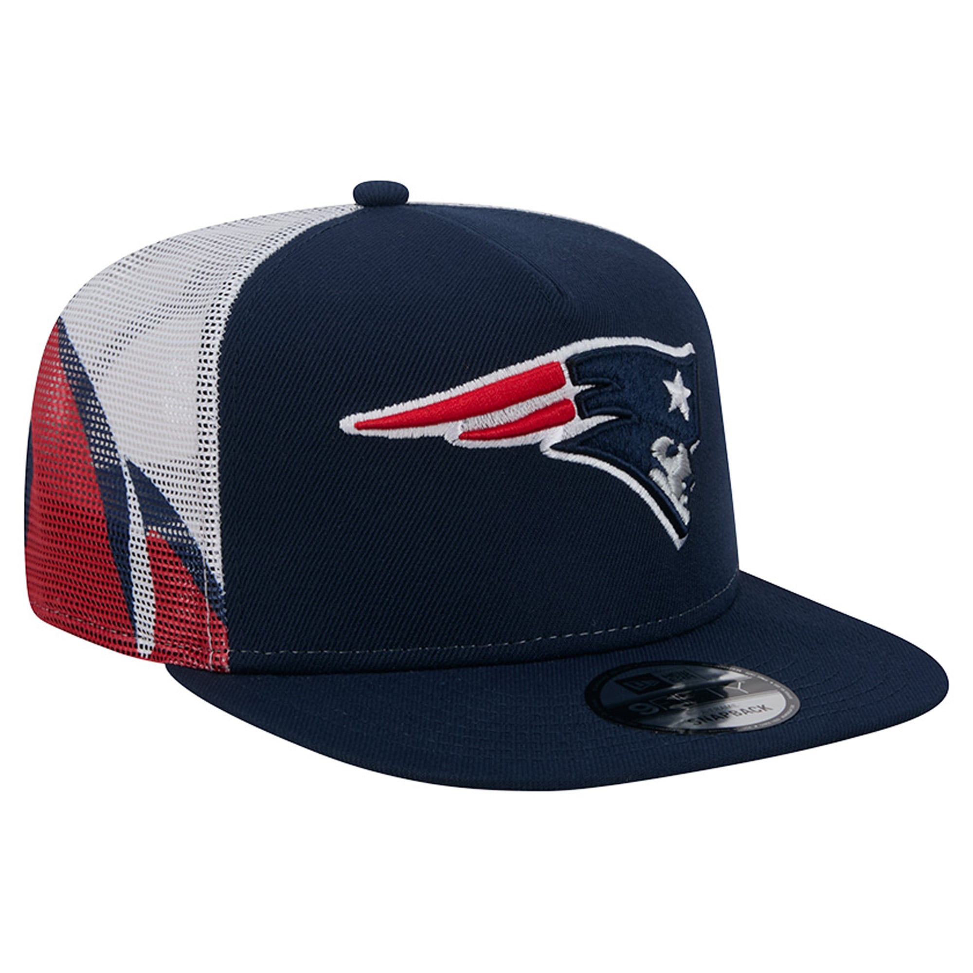 Casquette trucker New Era 9FIFTY Snapback pour homme, bleu marine/rouge, New England Patriots, maille, style A-Frame.