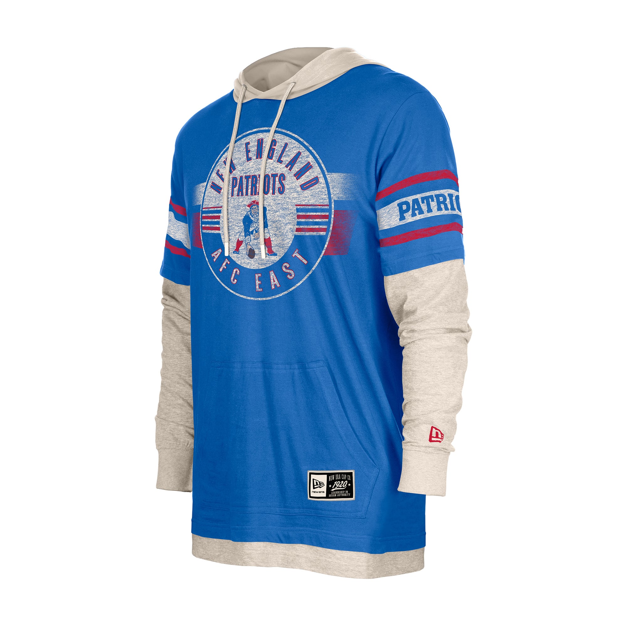 Men's New Era Royal England Patriots Twofer Layered Long Sleeve Hooded T-Shirt