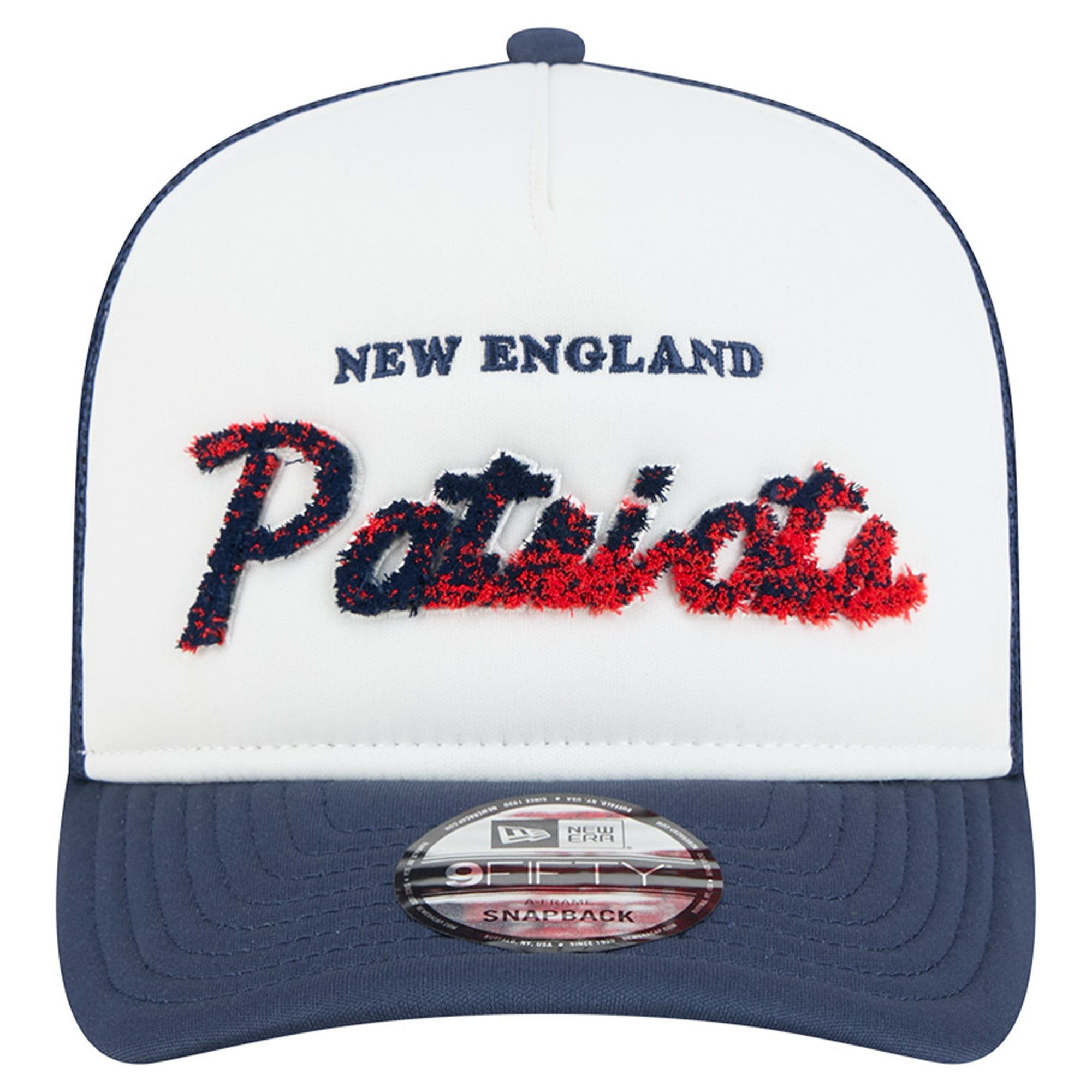 Men's New Era White/Navy New England Patriots Foam A-Frame 9FIFTY Snapback Trucker Hat