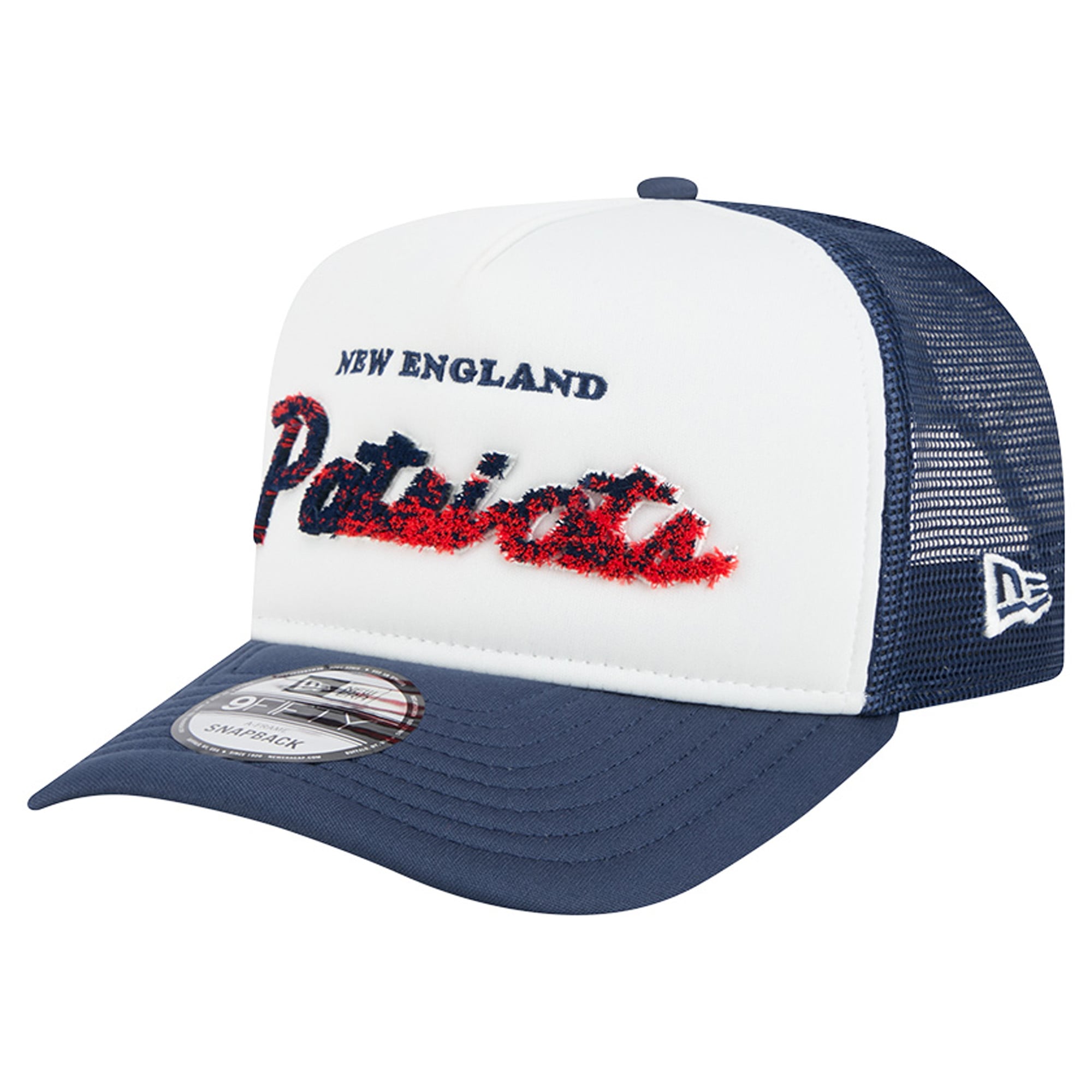 Men's New Era White/Navy New England Patriots Foam A-Frame 9FIFTY Snapback Trucker Hat