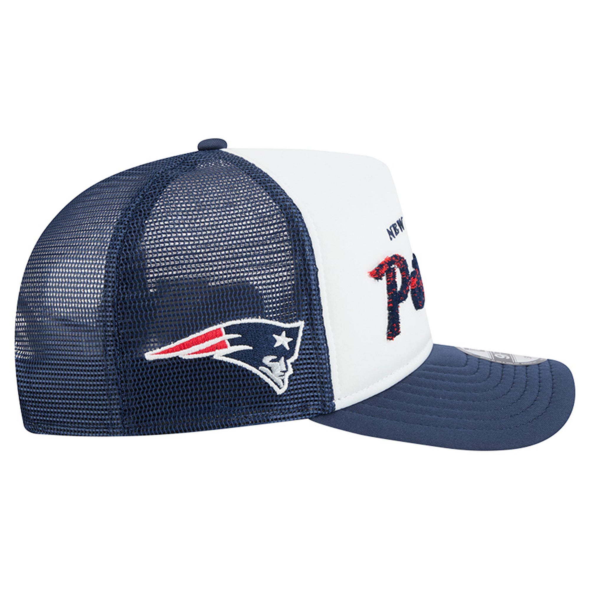Men's New Era White/Navy New England Patriots Foam A-Frame 9FIFTY Snapback Trucker Hat