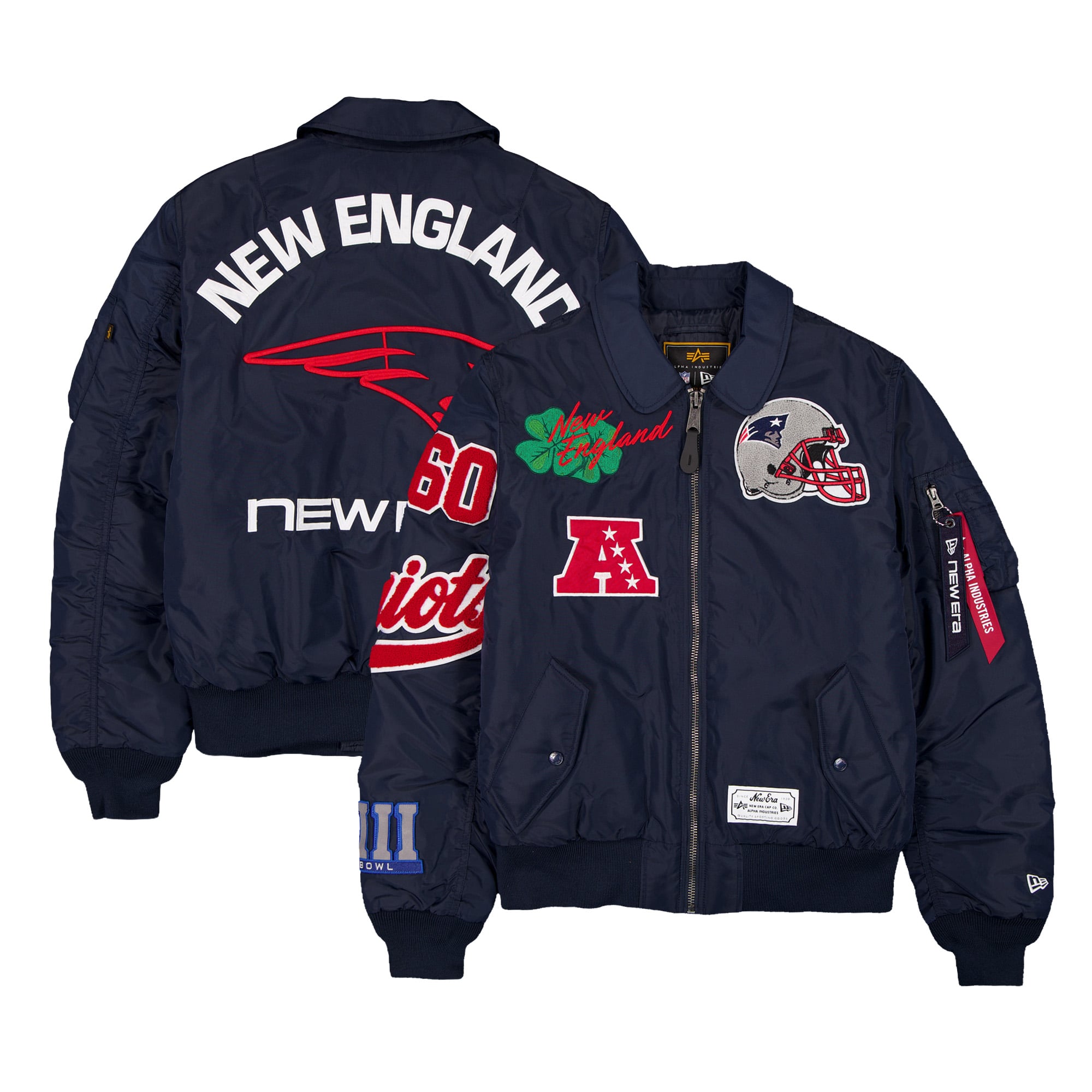 Veste bomber zippée intégrale New Era x Alpha Industries bleu marine England Patriots MA-1 pour homme