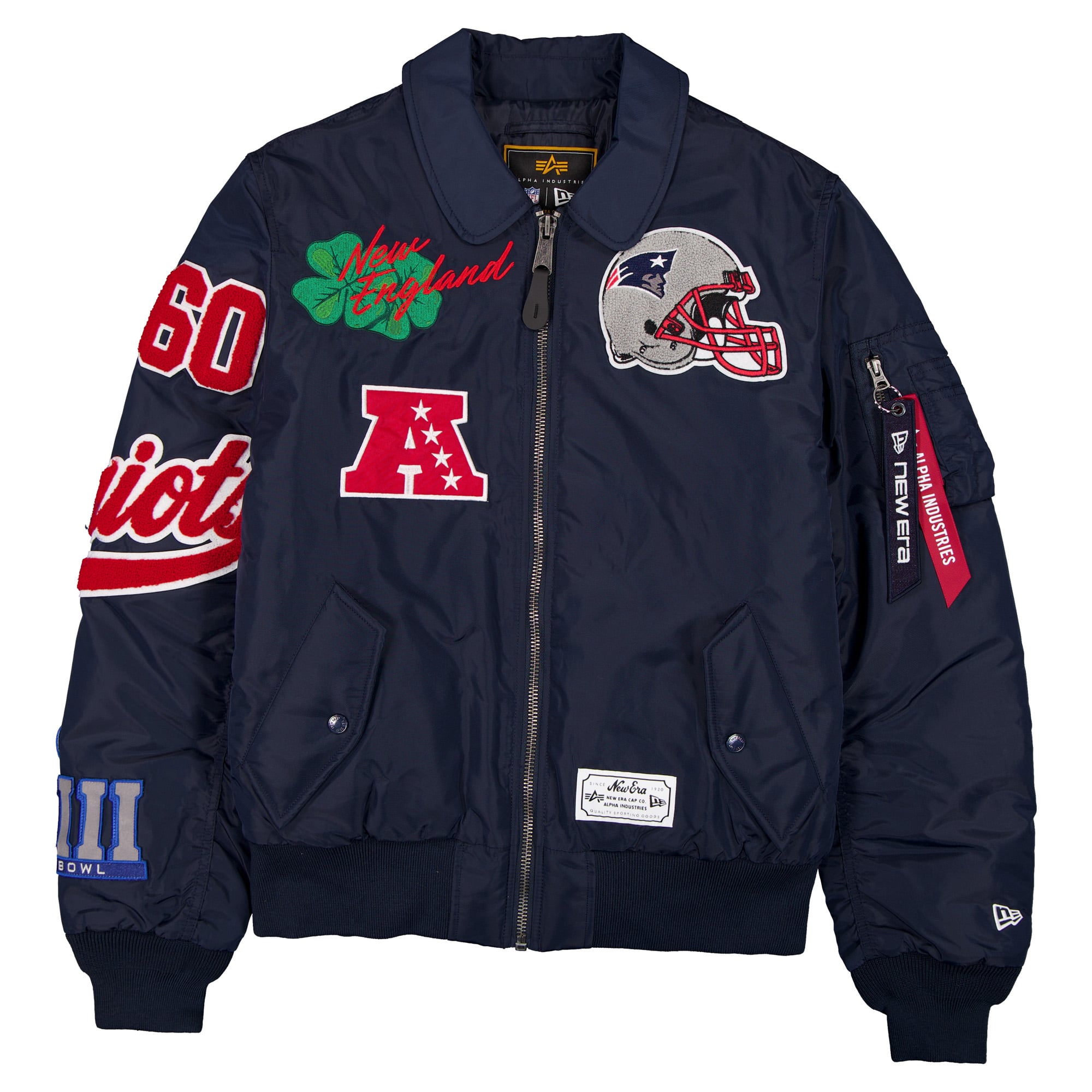Veste bomber zippée intégrale New Era x Alpha Industries bleu marine England Patriots MA-1 pour homme