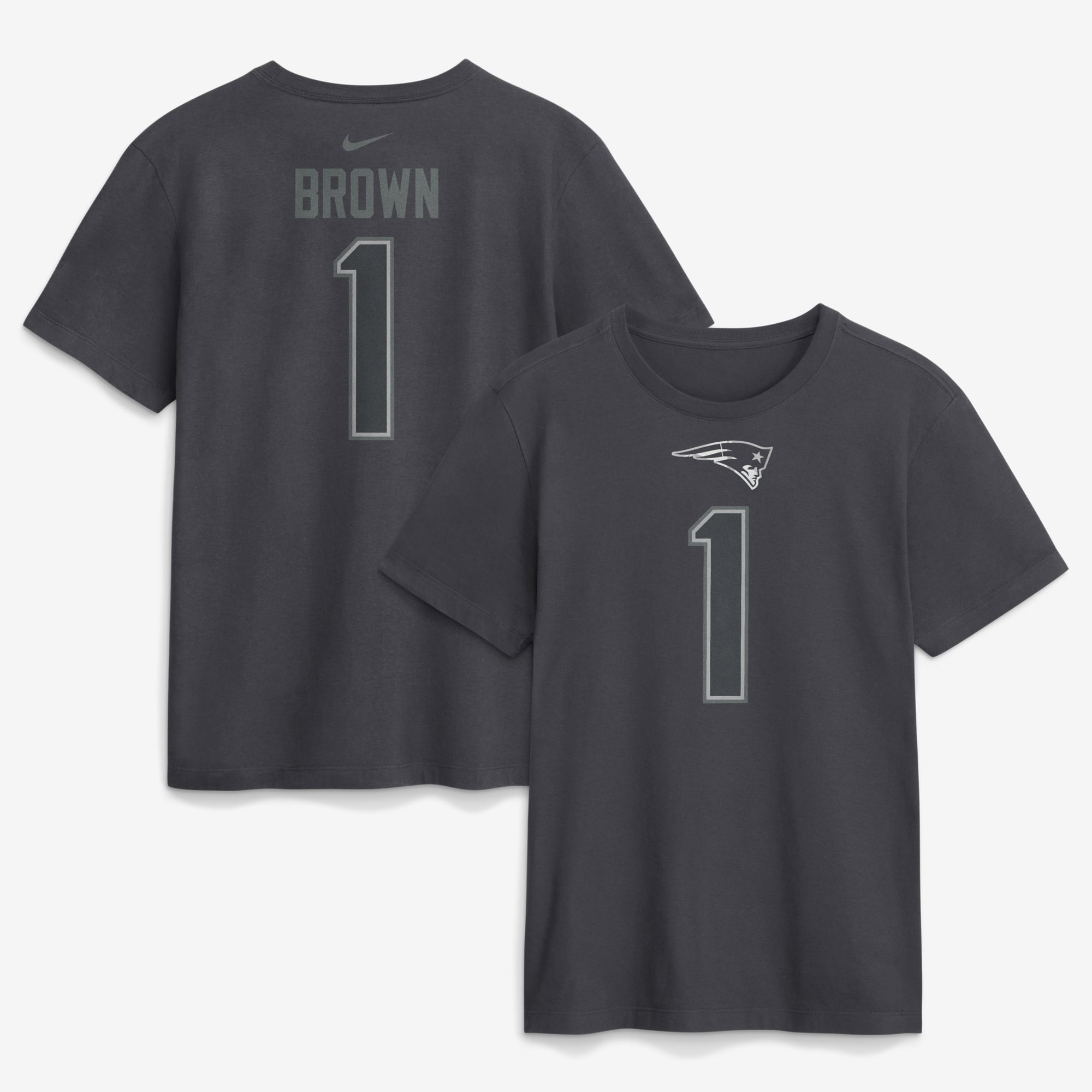 T-shirt Nike A.J. Brown anthracite pour homme, New England Patriots, avec nom et numéro