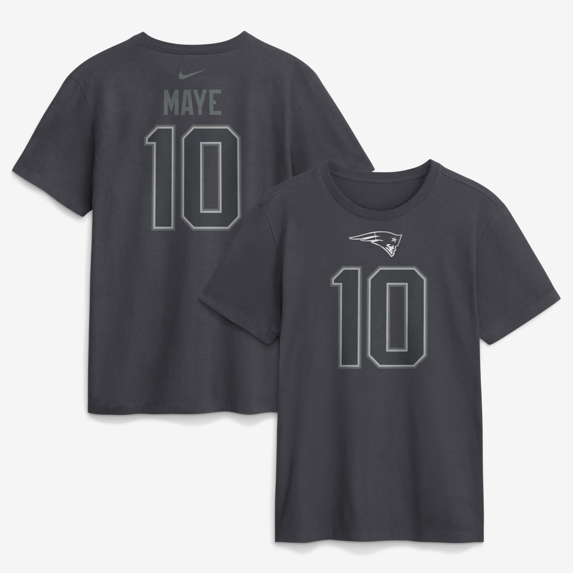 T-shirt Nike Drake Maye Anthracite pour homme, avec nom et numéro des New England Patriots