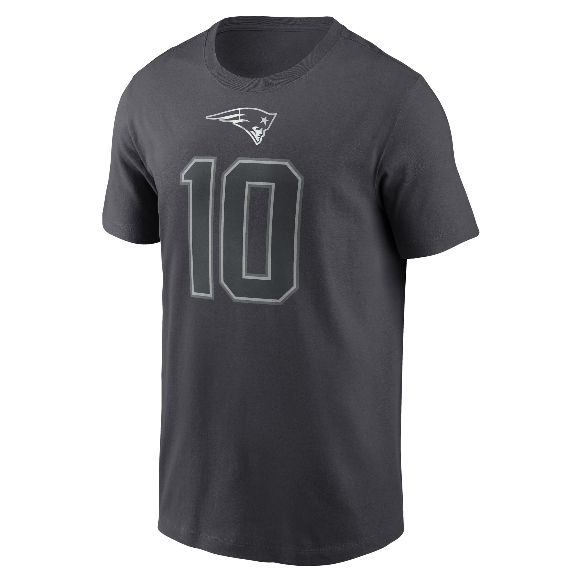 T-shirt Nike Drake Maye Anthracite pour homme, avec nom et numéro des New England Patriots