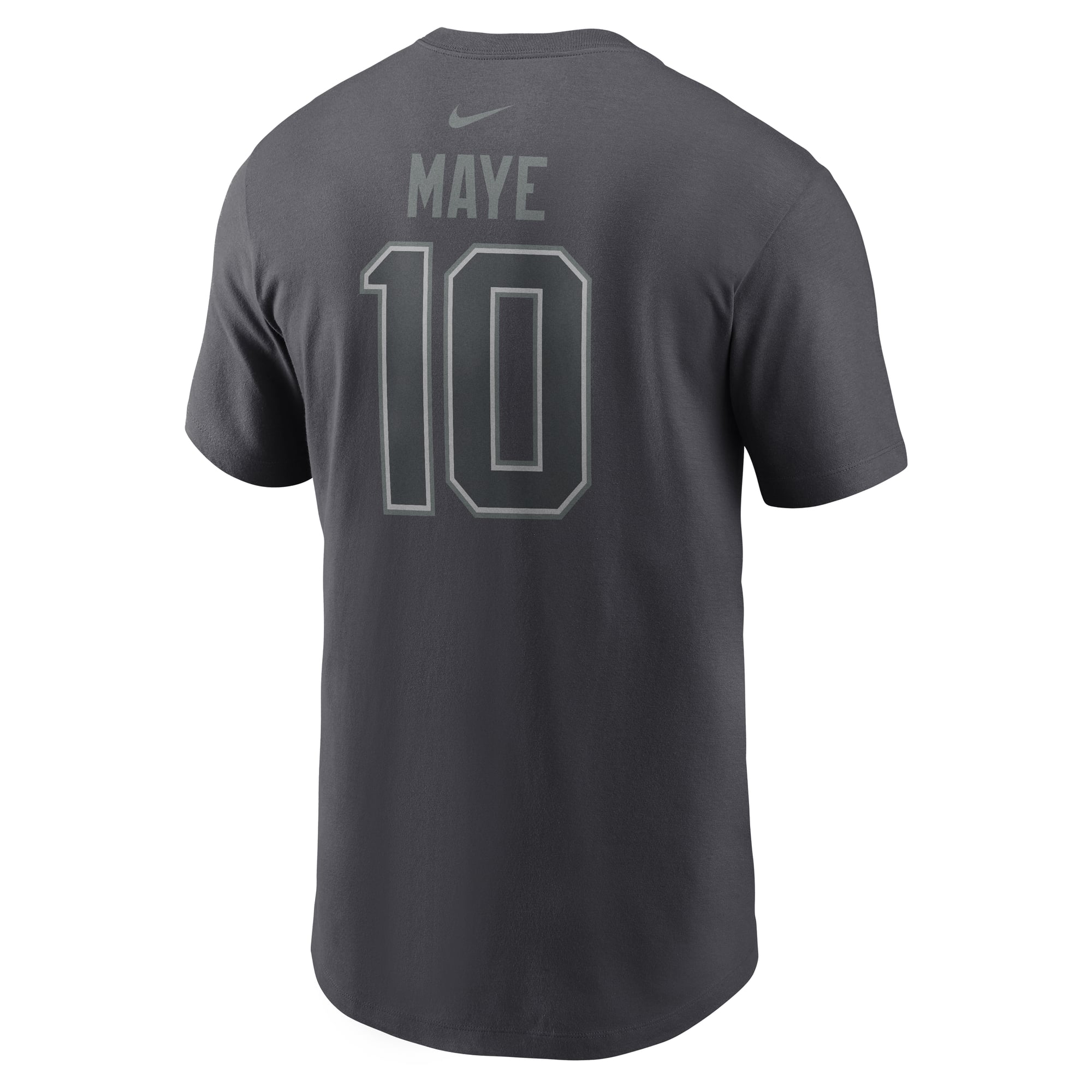 T-shirt Nike Drake Maye Anthracite pour homme, avec nom et numéro des New England Patriots
