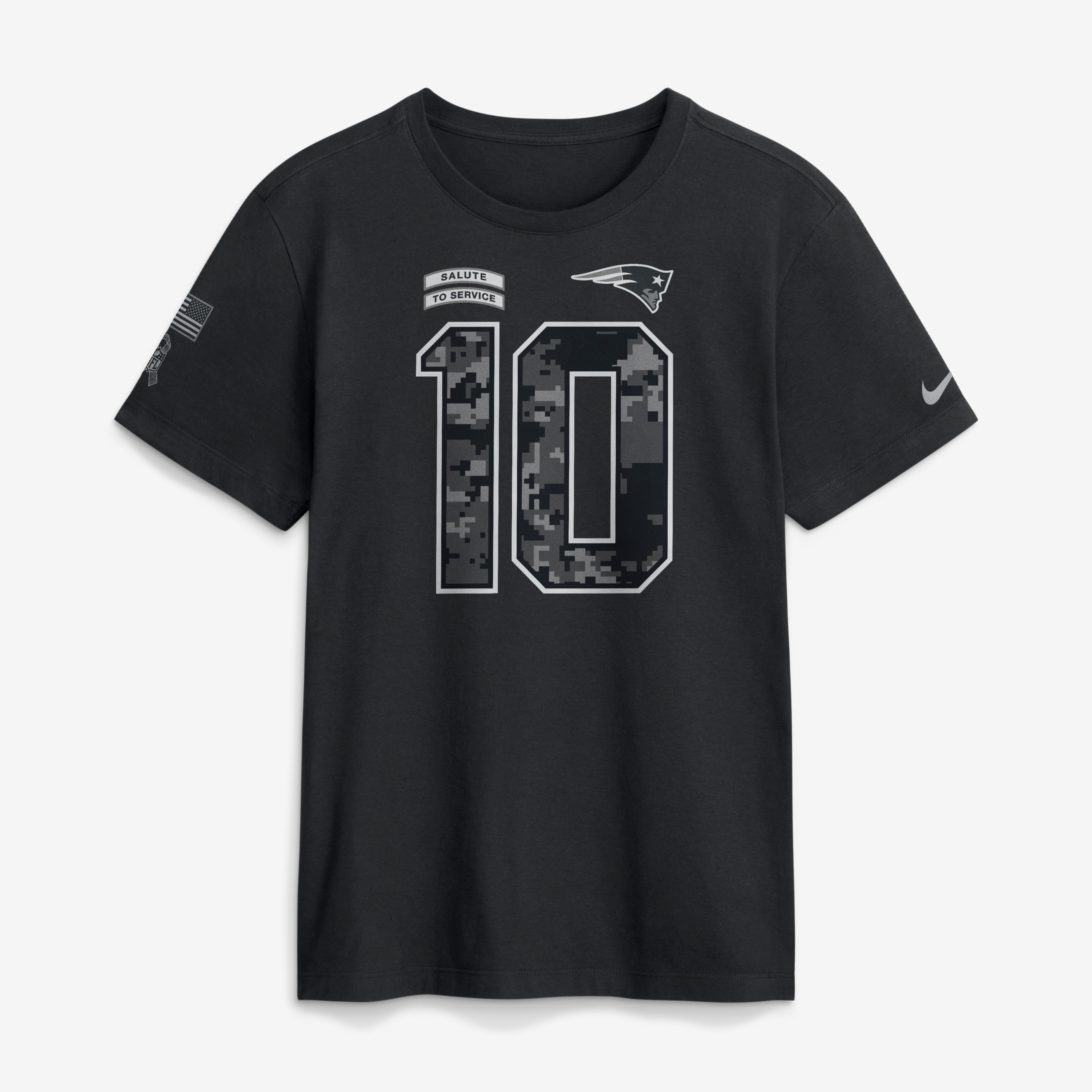 T-shirt Nike Drake Maye noir pour homme, New England Patriots 2026 Salute to Service, nom et numéro