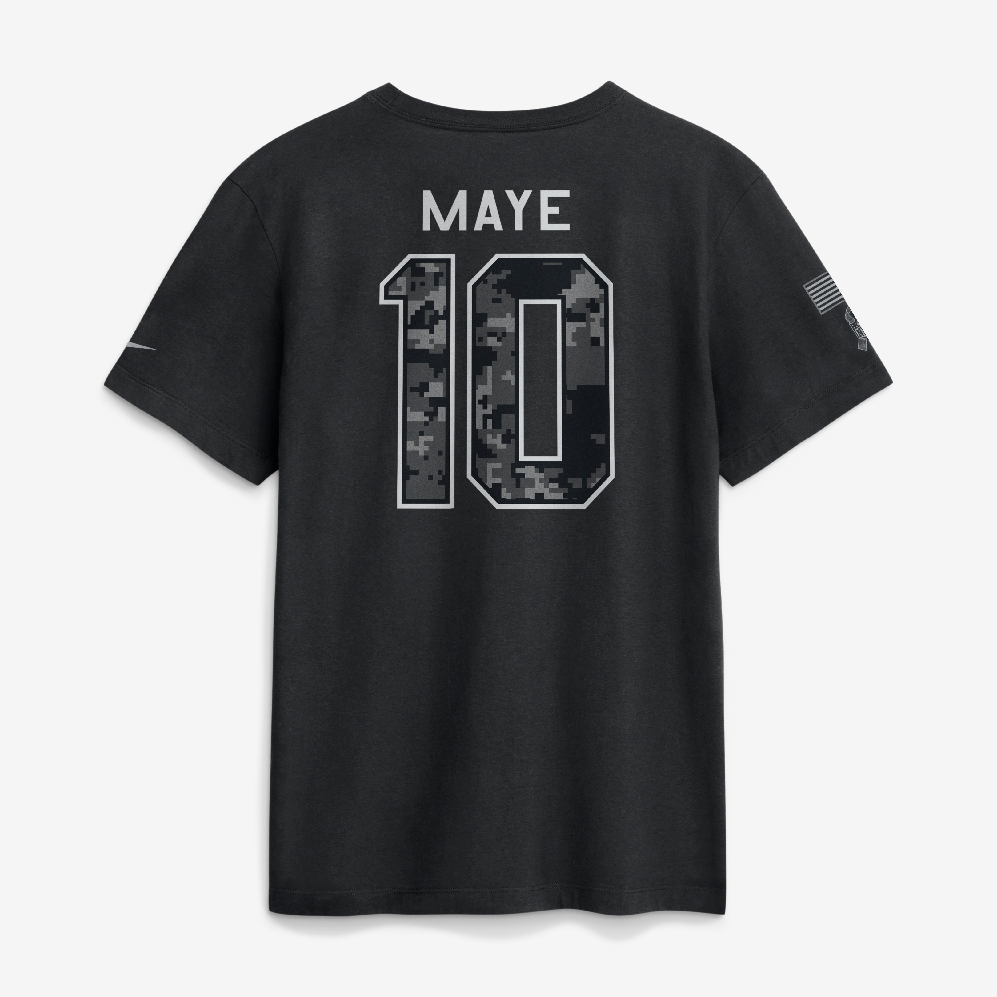 T-shirt Nike Drake Maye noir pour homme, New England Patriots 2026 Salute to Service, nom et numéro
