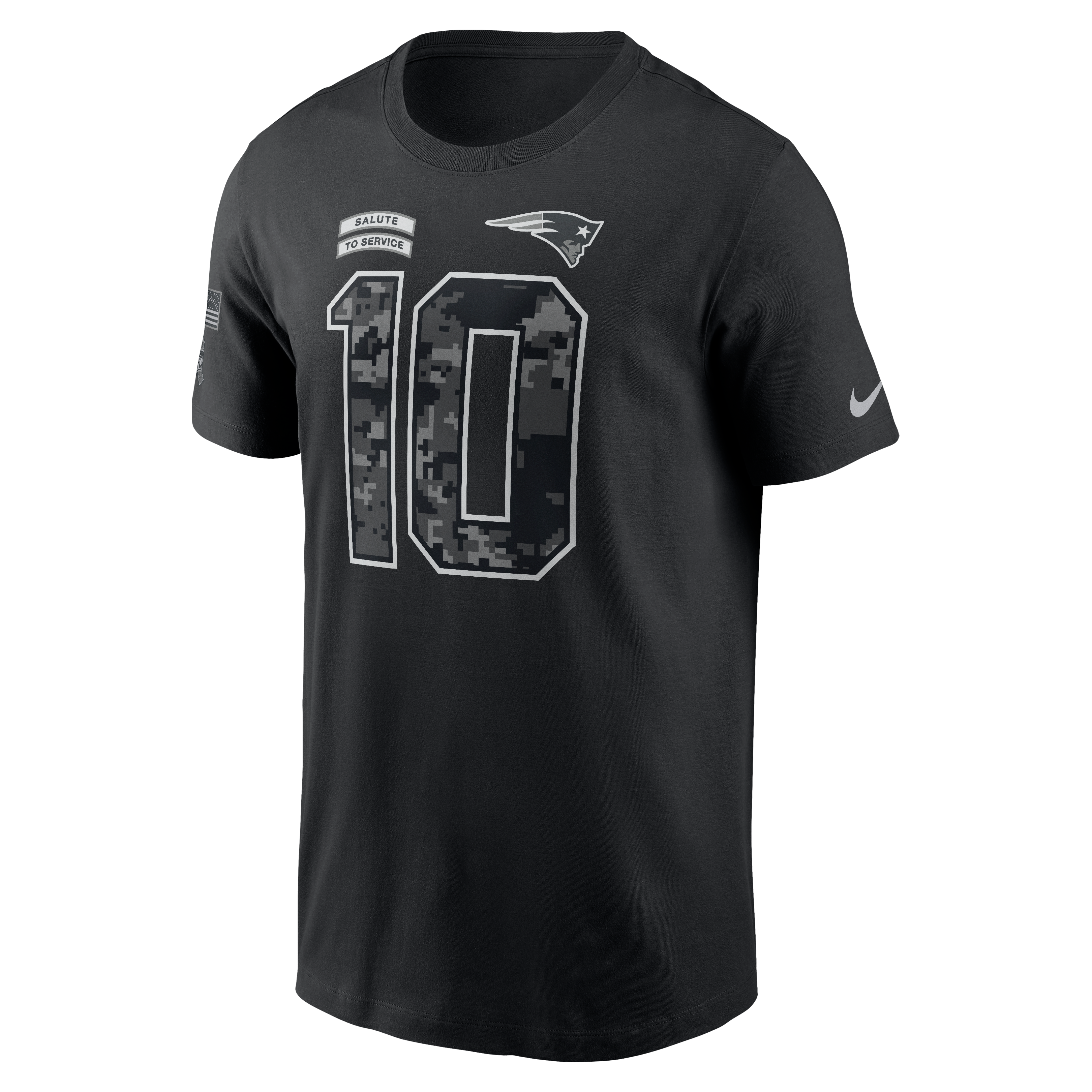 T-shirt Nike Drake Maye noir pour homme, New England Patriots 2026 Salute to Service, nom et numéro