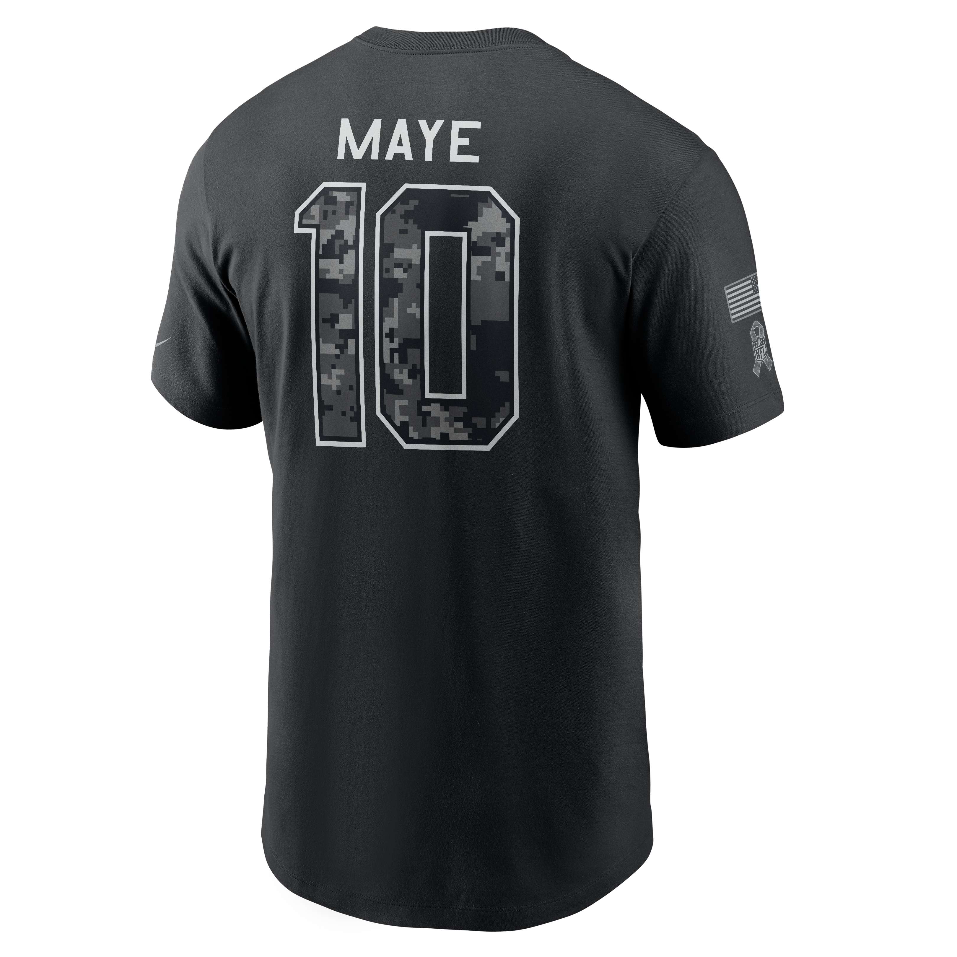 T-shirt Nike Drake Maye noir pour homme, New England Patriots 2026 Salute to Service, nom et numéro