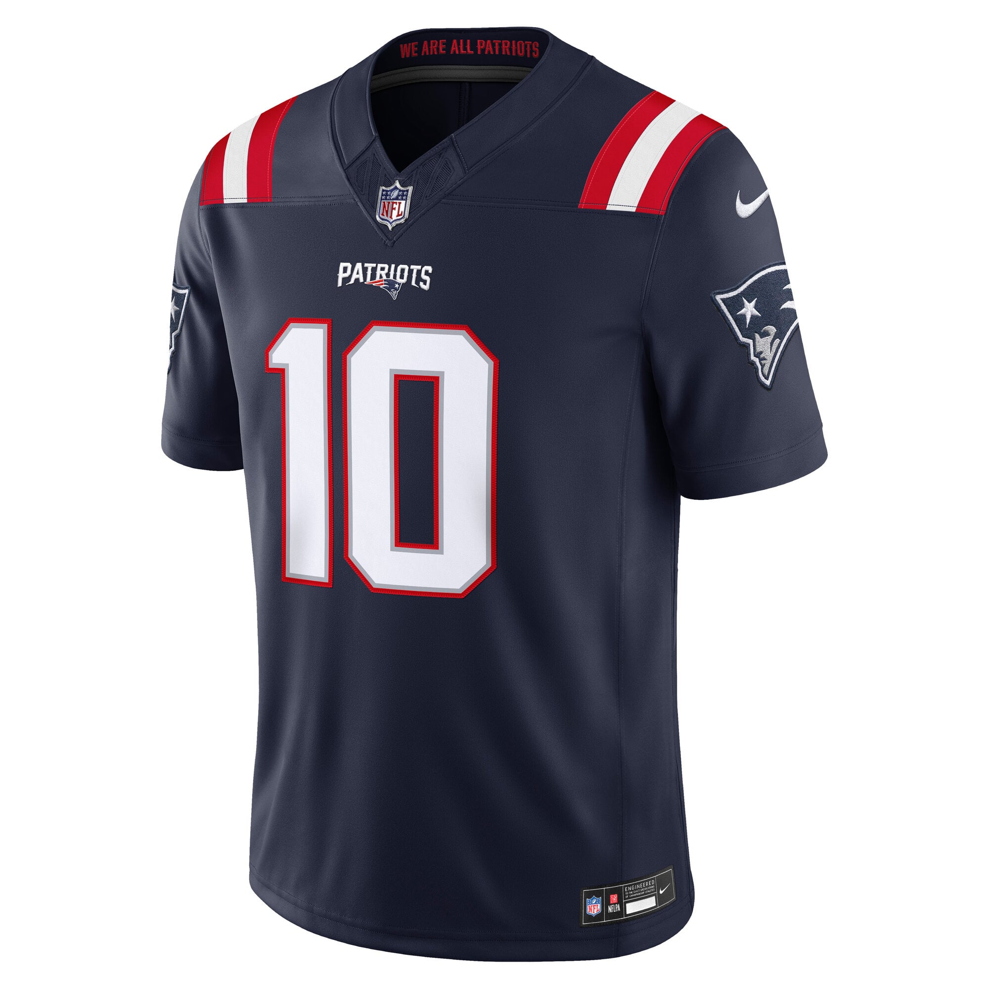 Maillot Nike Drake Maye bleu marine New England Patriots Vapor F.U.S.E. édition limitée cousue pour homme