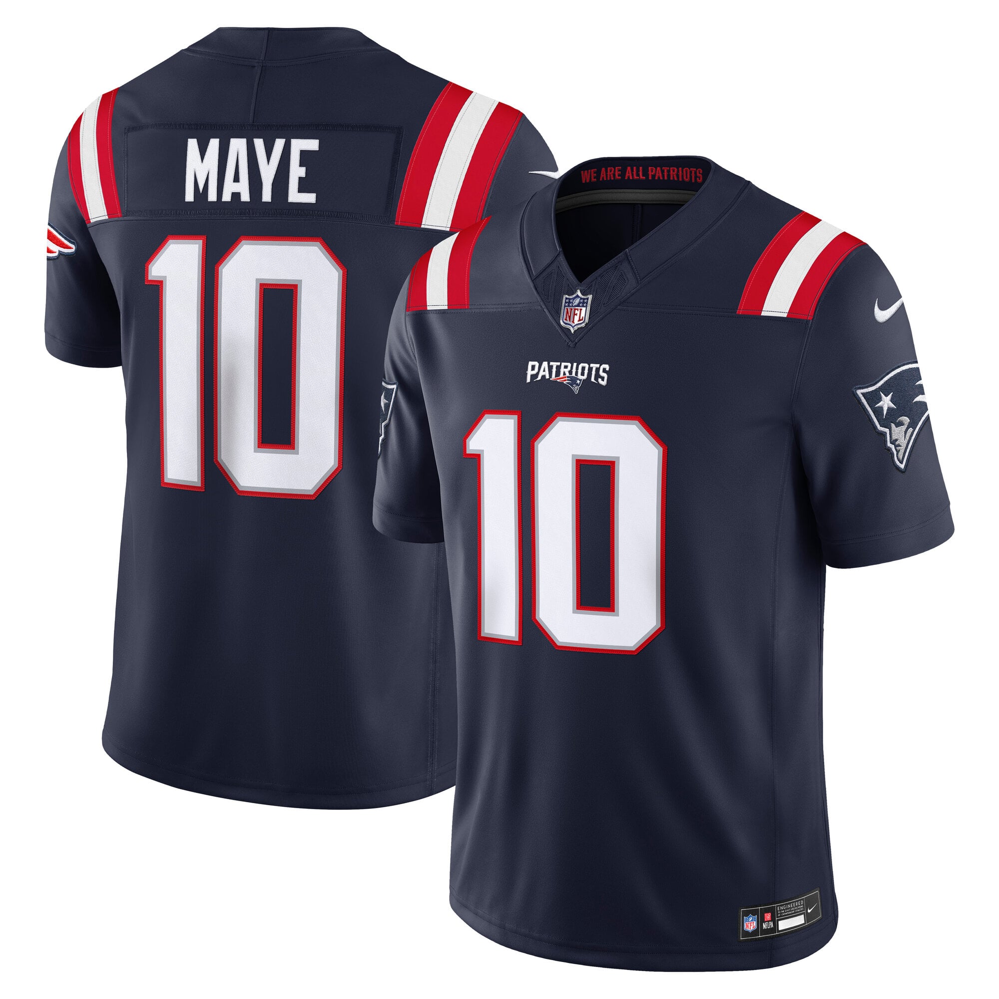 Maillot Nike Drake Maye bleu marine New England Patriots Vapor F.U.S.E. édition limitée cousue pour homme