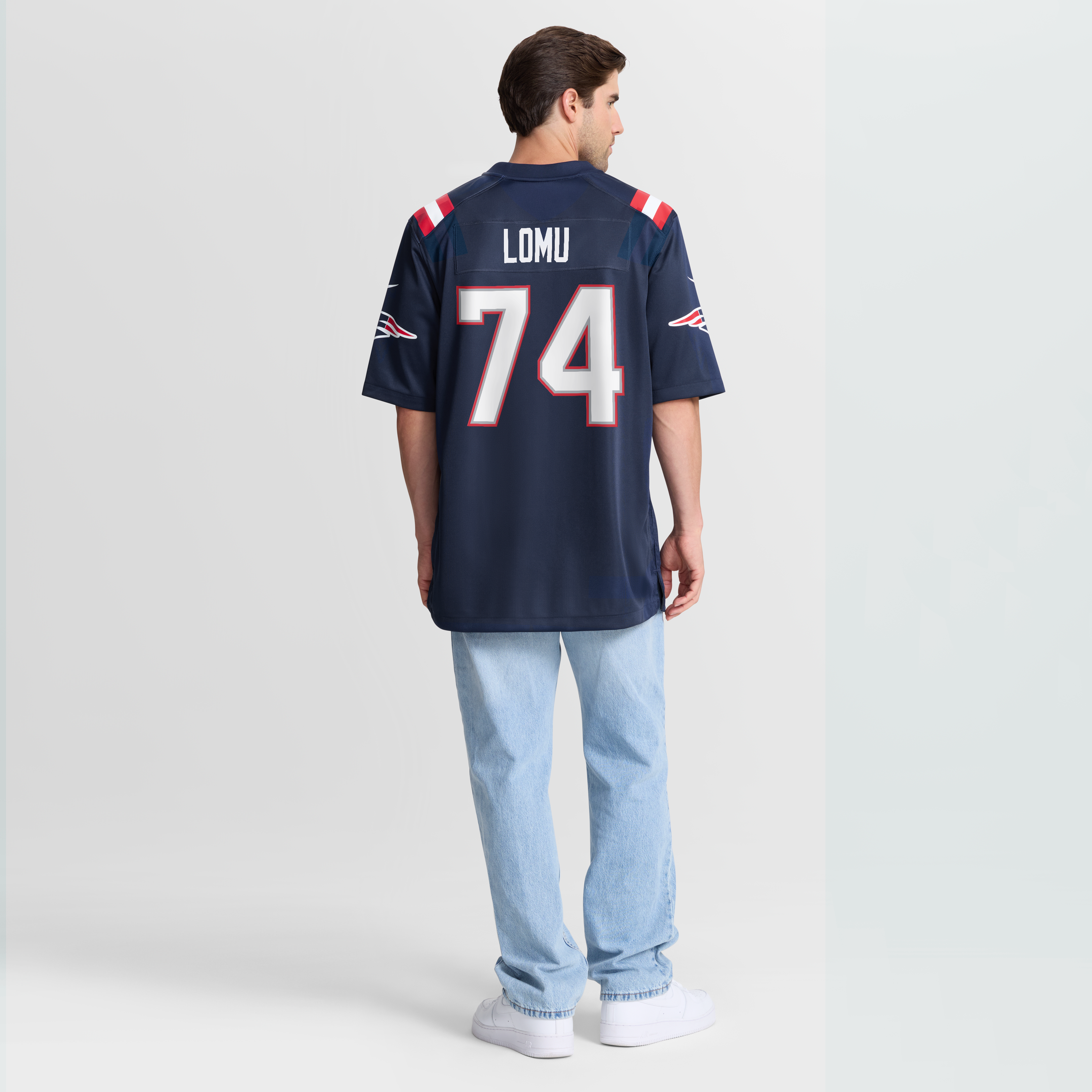 Maillot de match Nike bleu marine des New England Patriots, Caleb Lomu