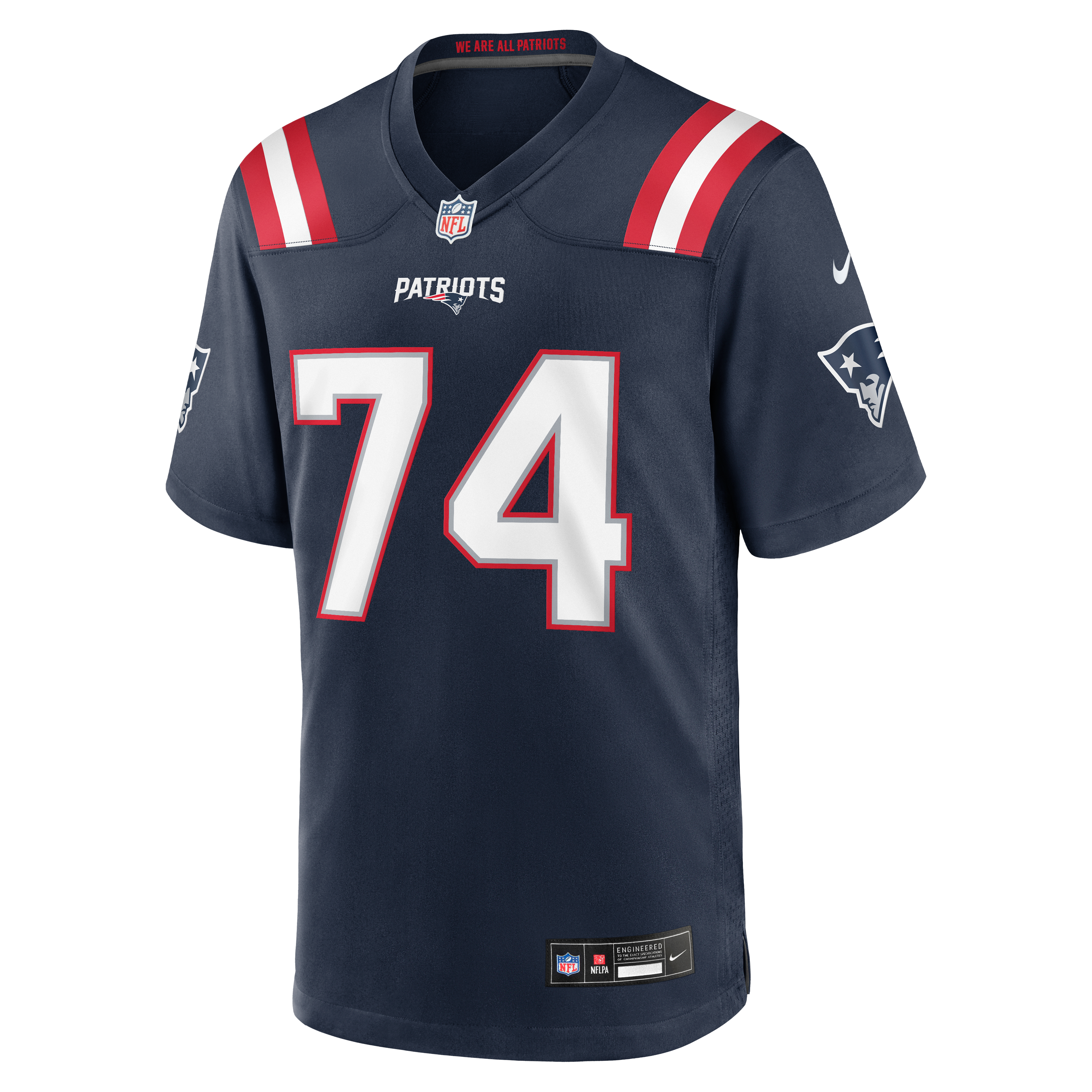 Maillot de match Nike bleu marine des New England Patriots, Caleb Lomu