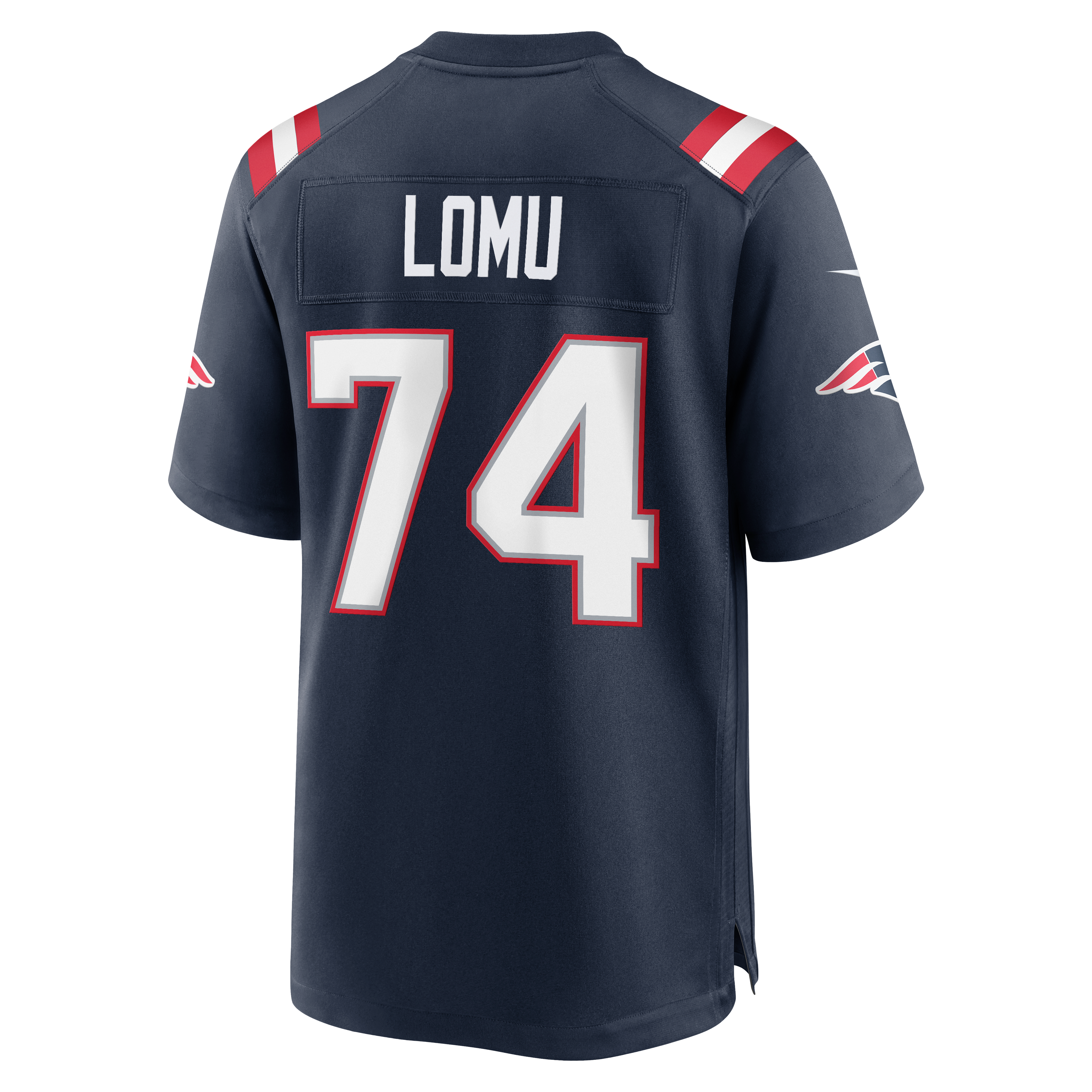 Maillot de match Nike bleu marine des New England Patriots, Caleb Lomu