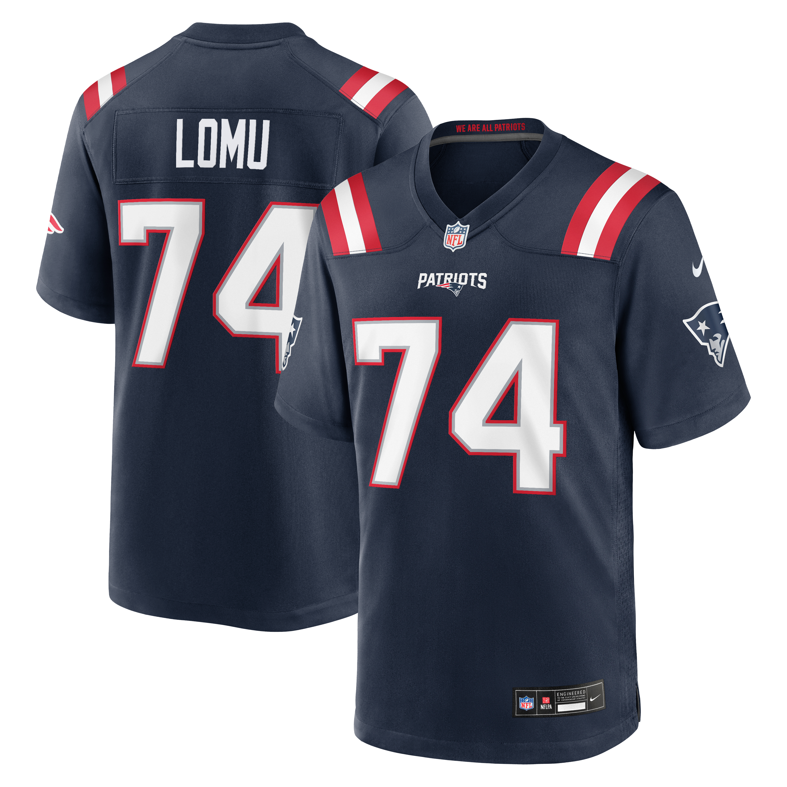 Maillot de match Nike bleu marine des New England Patriots, Caleb Lomu