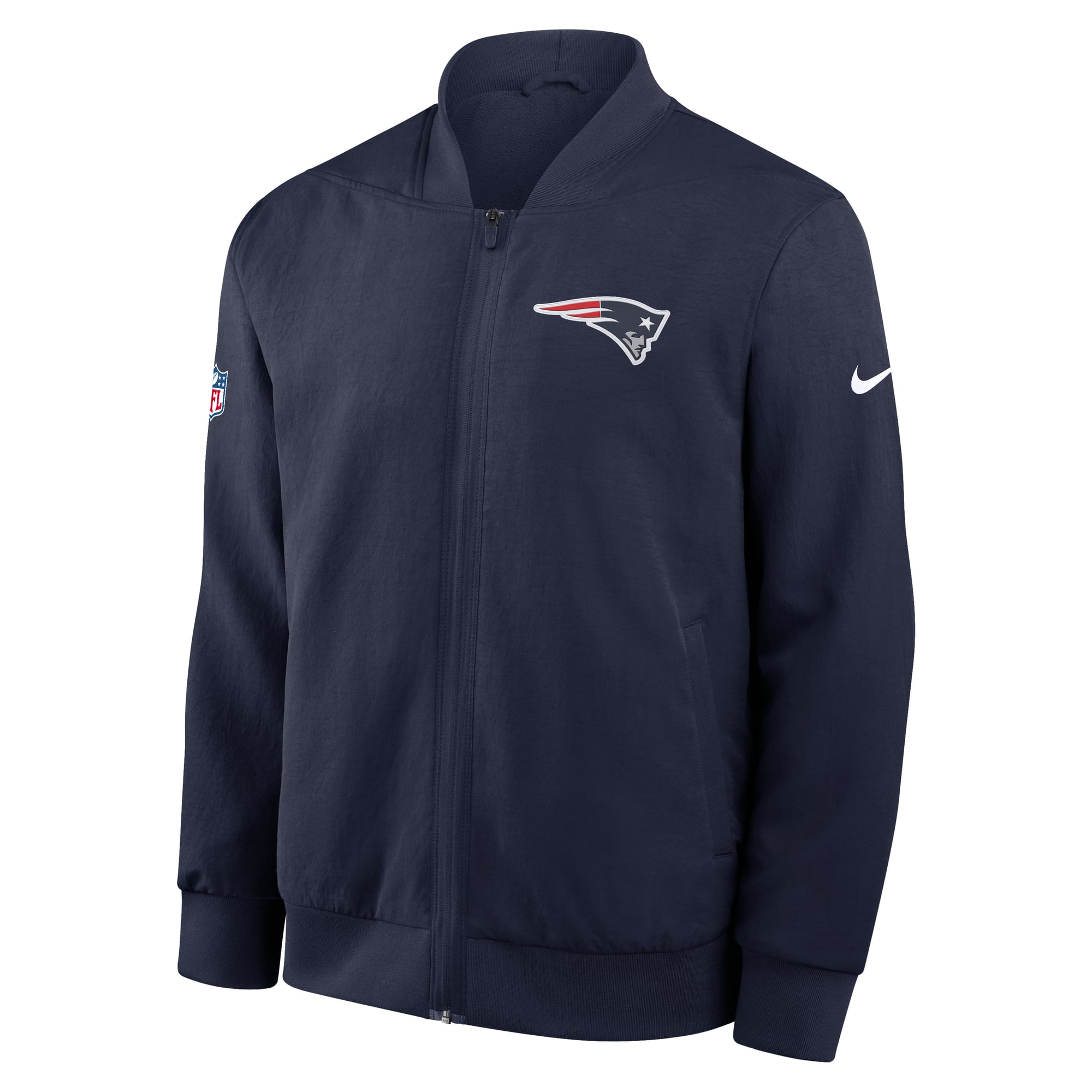 Veste bomber zippée intégrale Nike Dri-FIT pour homme, bleu marine, New England Patriots, modèle Sideline Powerful Blocking.
