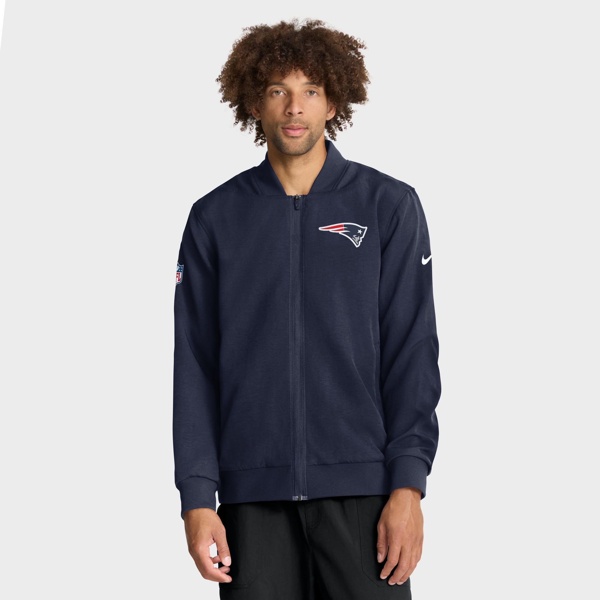Men's Nike Navy New England Patriots Sideline Powerful Blocking Full-Zip Dri-FIT Bomber Jacket