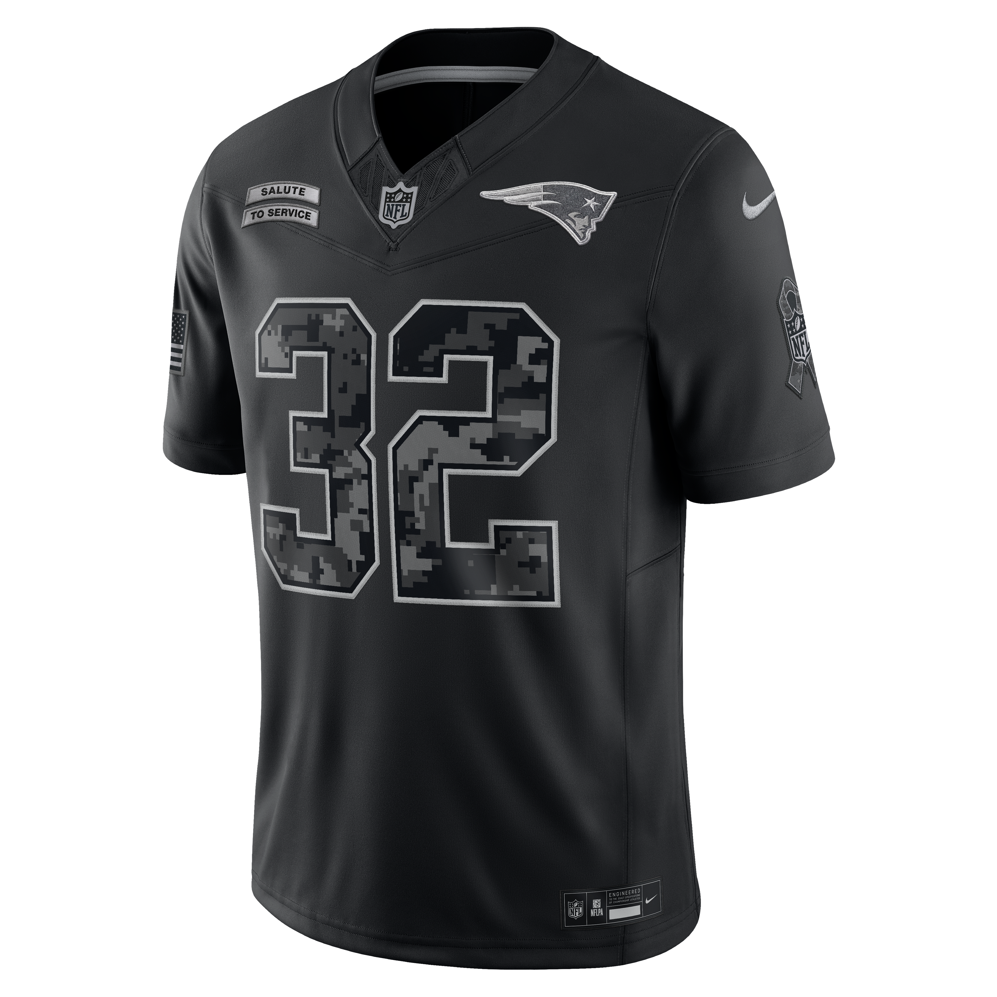 Maillot Nike TreVeyon Henderson noir New England Patriots 2026 Salute to Service, édition limitée cousue