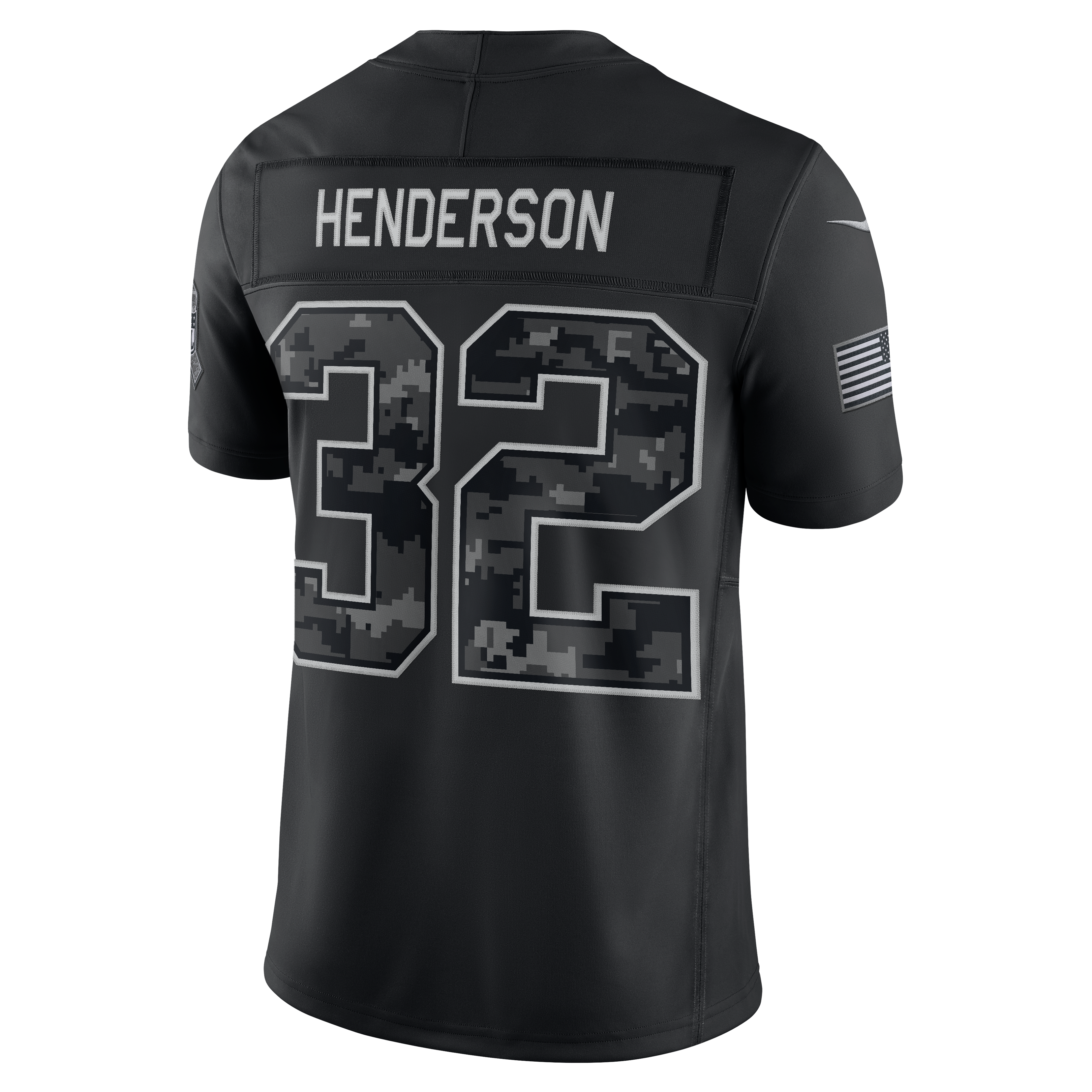Maillot Nike TreVeyon Henderson noir New England Patriots 2026 Salute to Service, édition limitée cousue