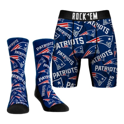  New England Patriots Rock Em All-Over Logo Underwear and Crew Socks Combo Pack - 