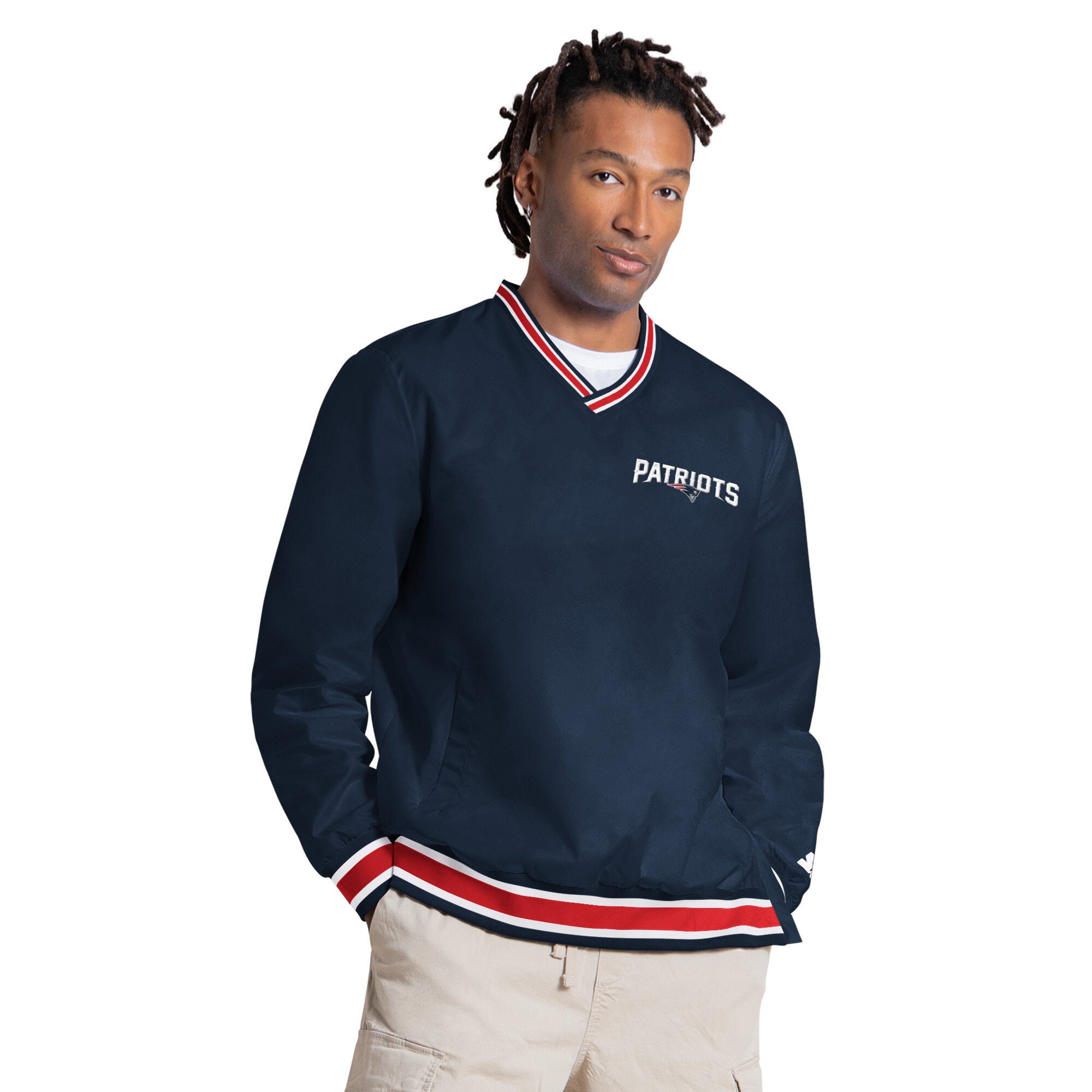 Pull à col en V Starter Drake Maye bleu marine New England Patriots pour homme