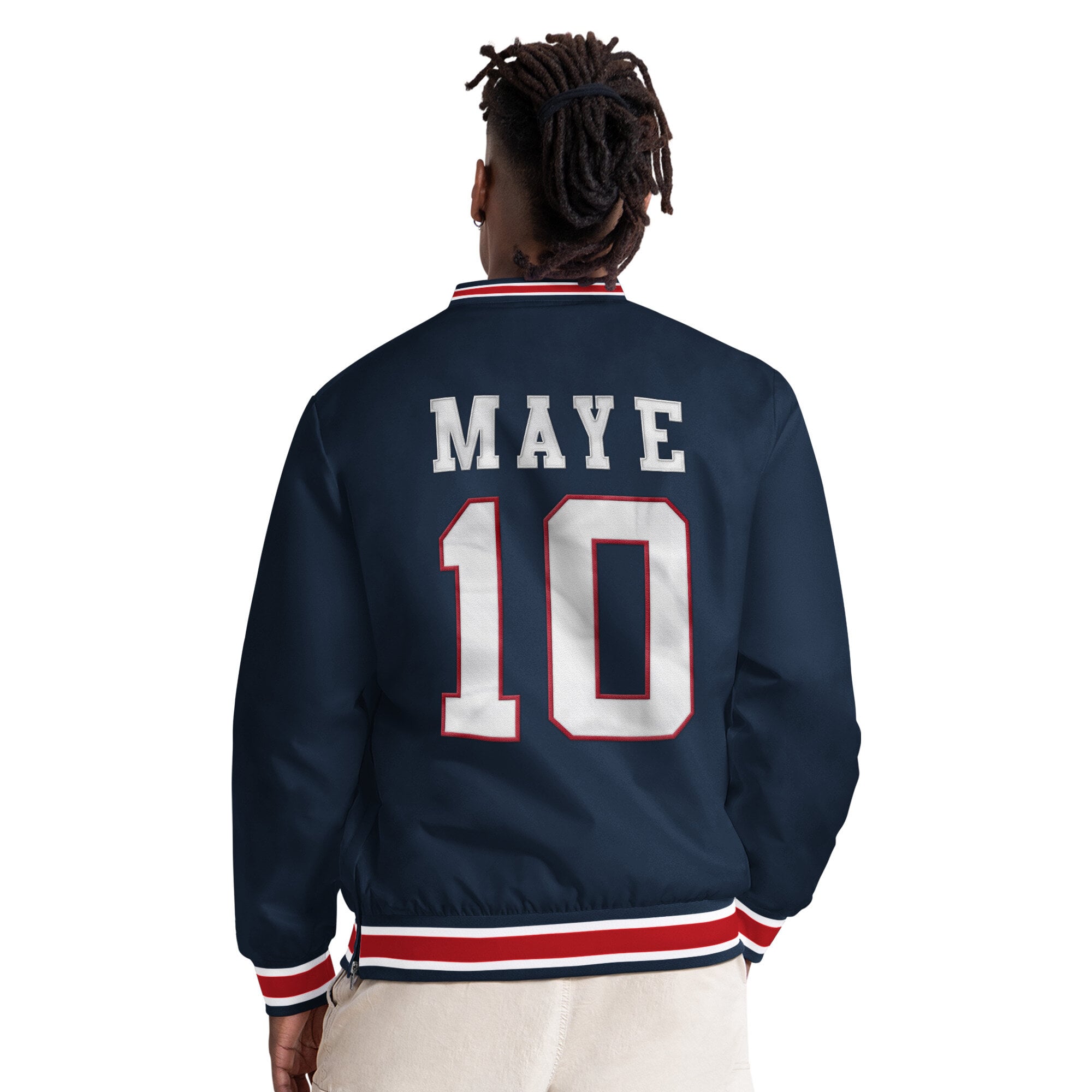 Pull à col en V Starter Drake Maye bleu marine New England Patriots pour homme