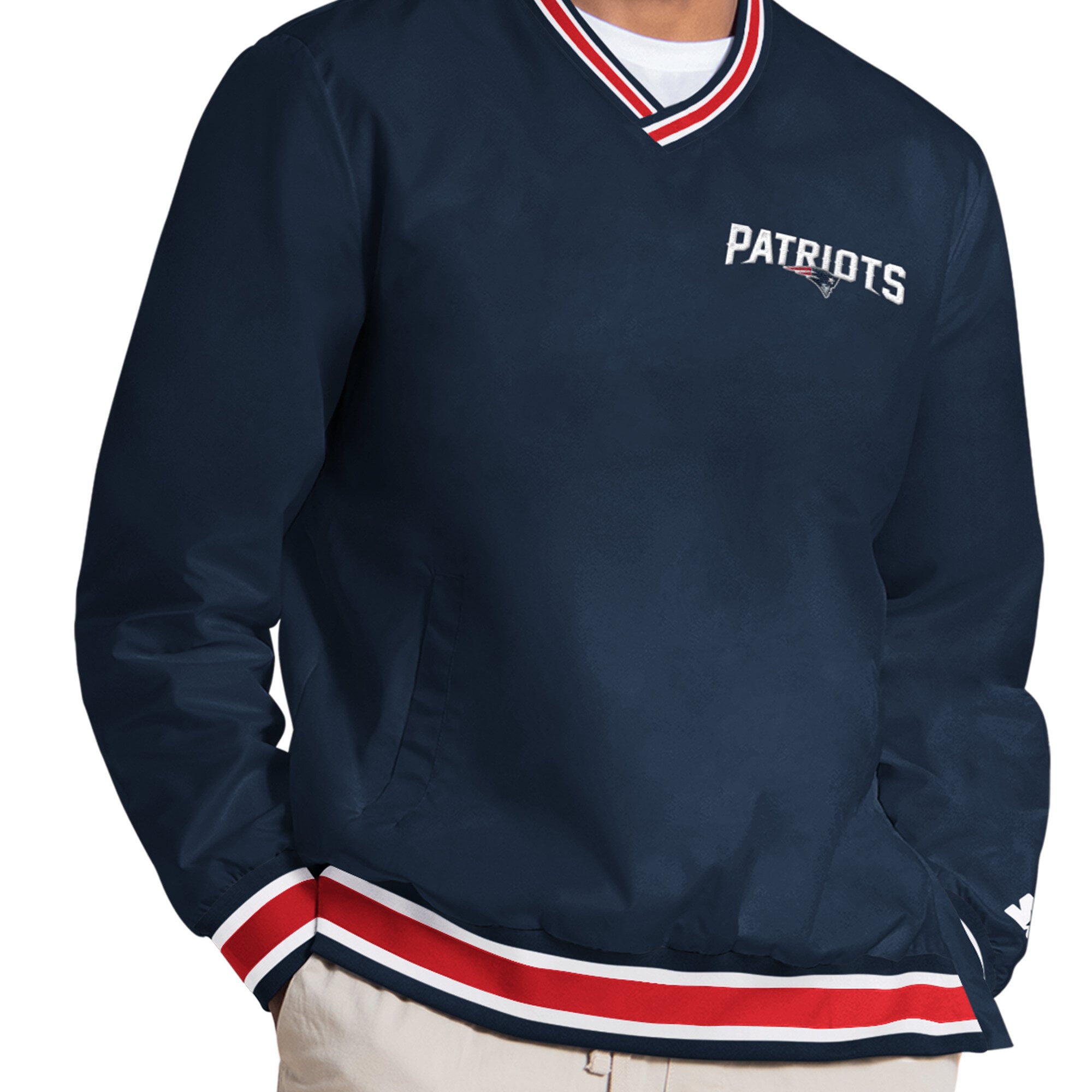 Pull à col en V Starter Drake Maye bleu marine New England Patriots pour homme