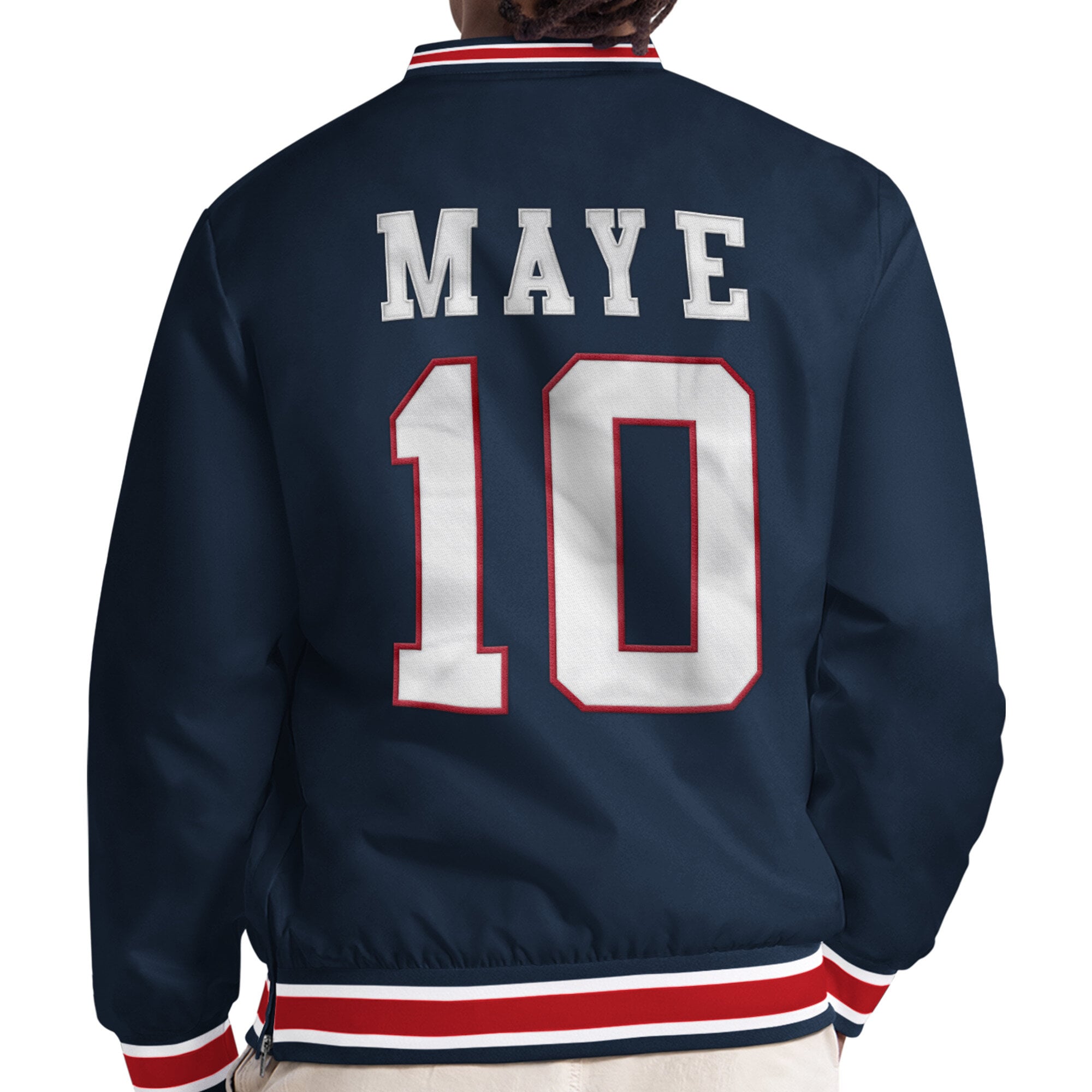 Pull à col en V Starter Drake Maye bleu marine New England Patriots pour homme