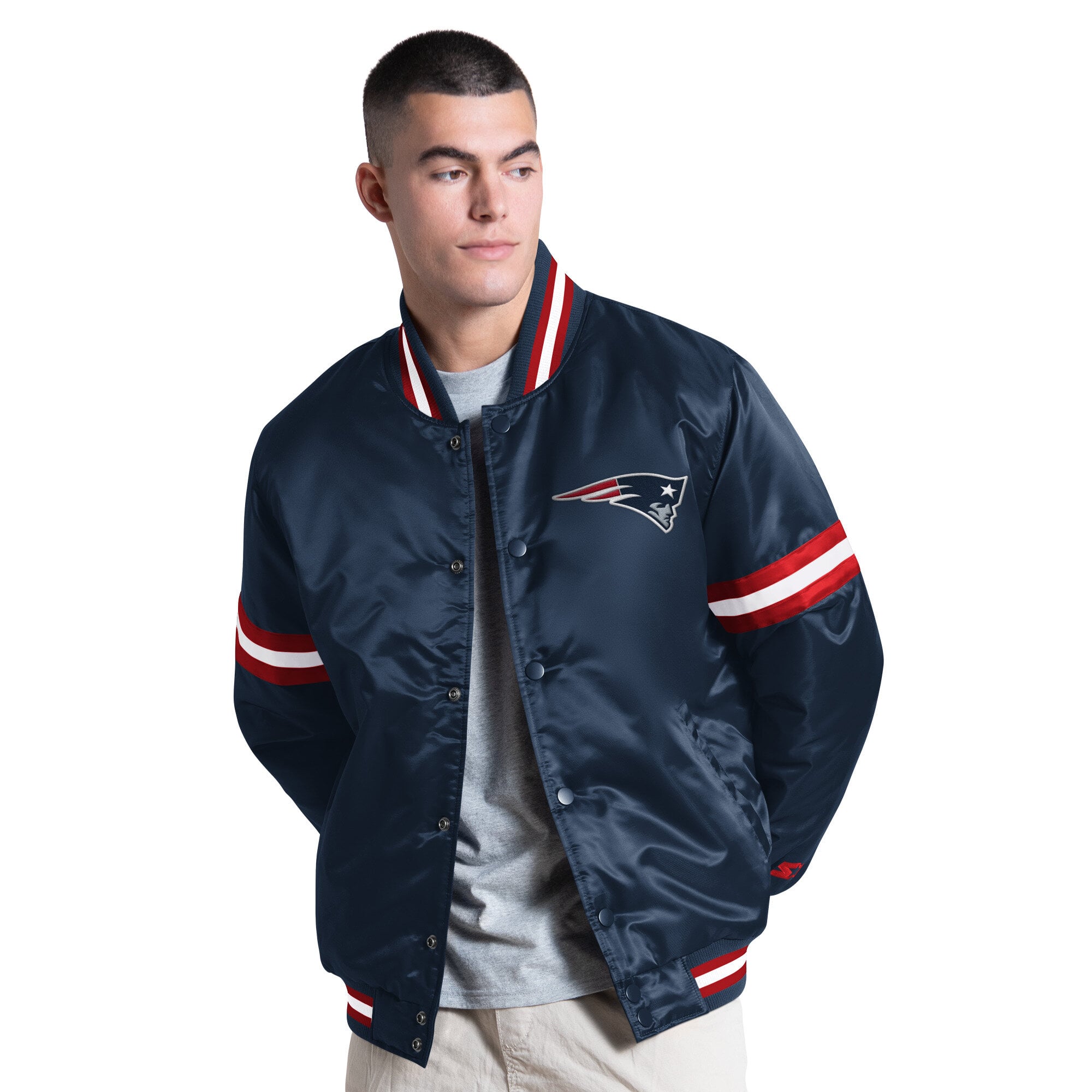 Veste universitaire Starter bleu marine New England Patriots Courtside à boutons-pression pour homme