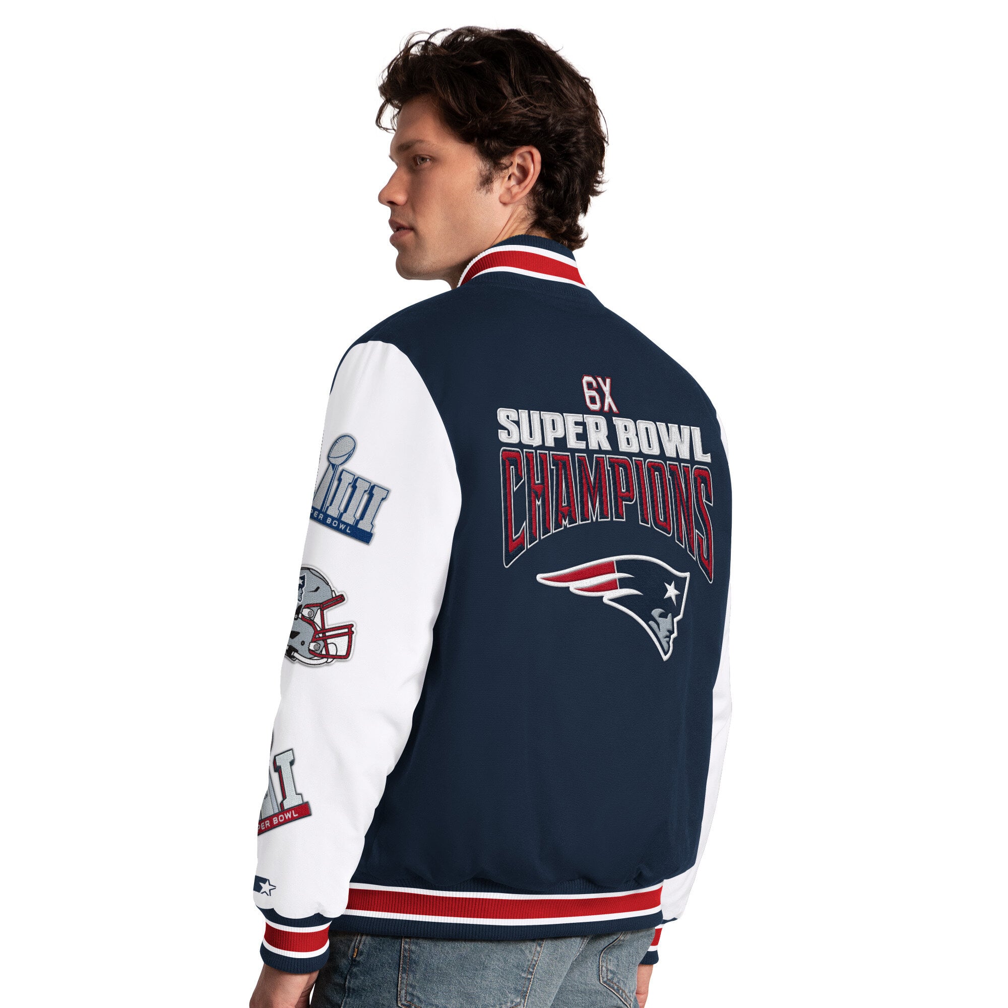 Veste universitaire Starter bleu marine pour homme, édition spéciale séries éliminatoires des New England Patriots, fermeture à boutons-pression.