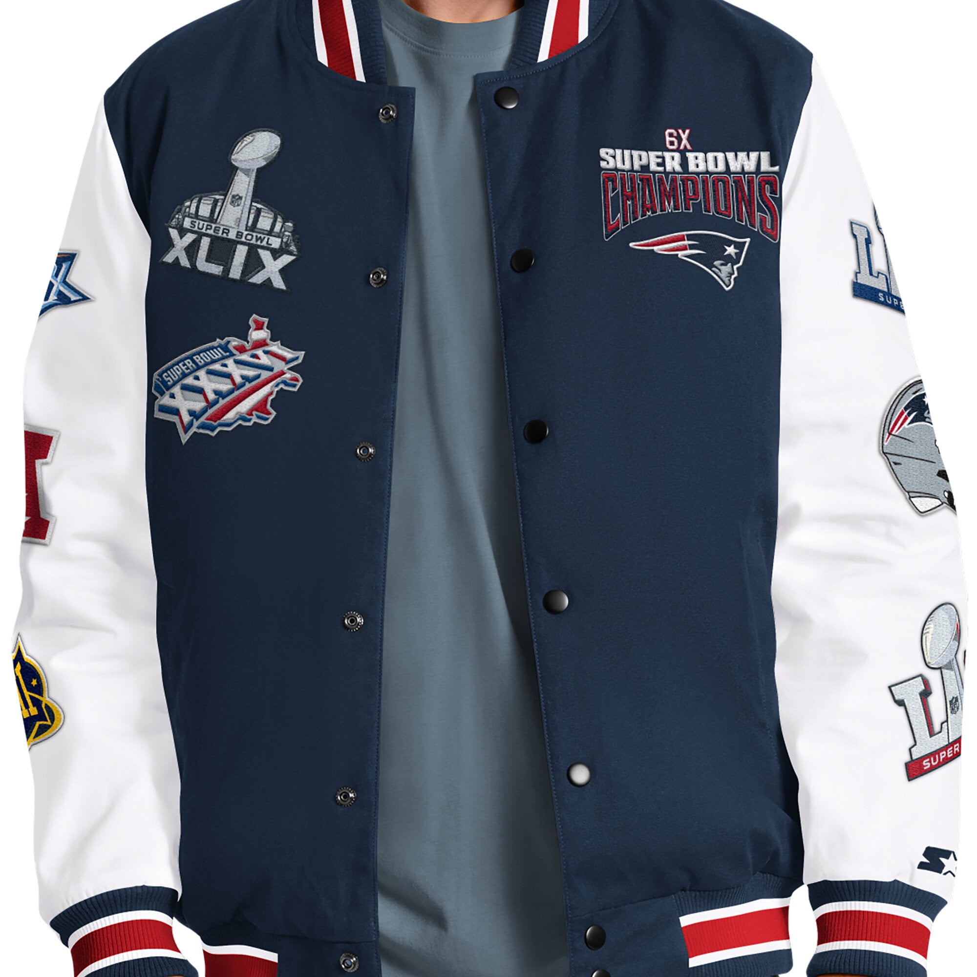 Veste universitaire Starter bleu marine pour homme, édition spéciale séries éliminatoires des New England Patriots, fermeture à boutons-pression.