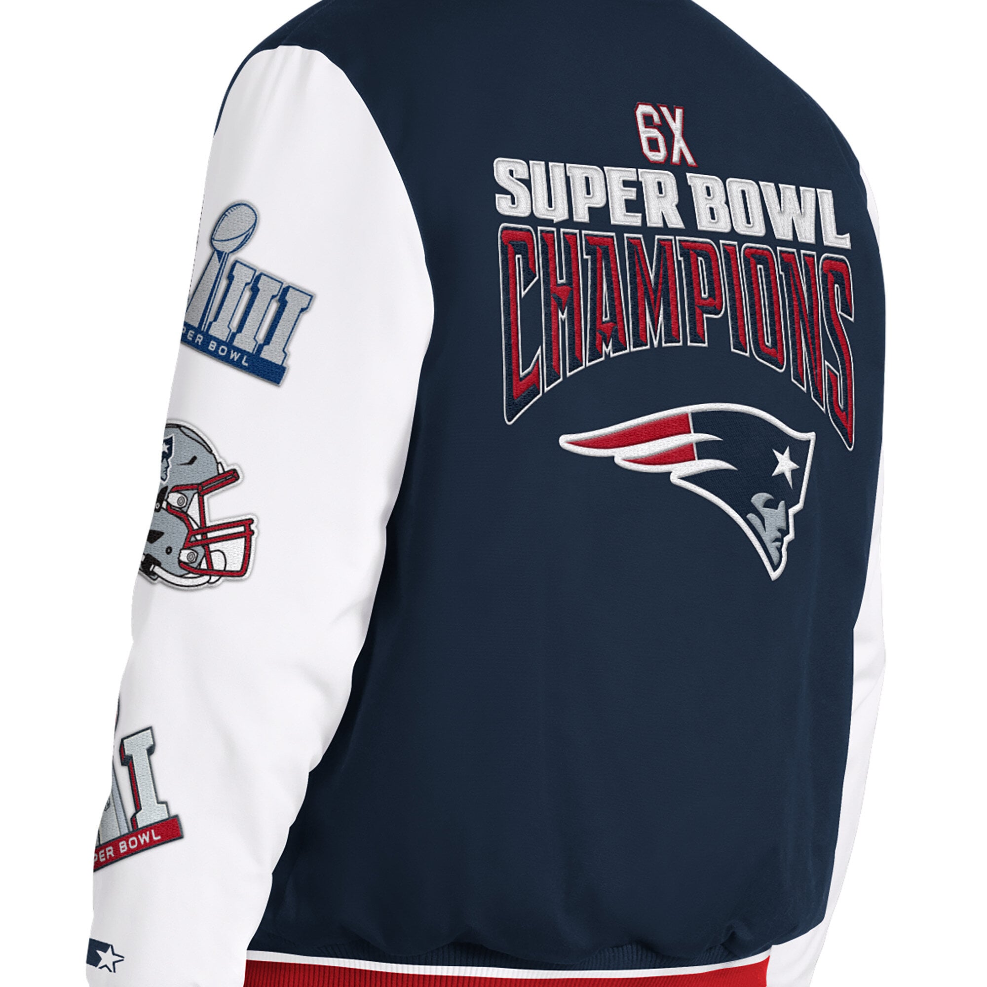 Veste universitaire Starter bleu marine pour homme, édition spéciale séries éliminatoires des New England Patriots, fermeture à boutons-pression.