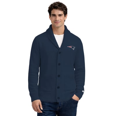 New England Patriots Starter Shawl Collar Heavy Knit Cardigan Sweater - Navy