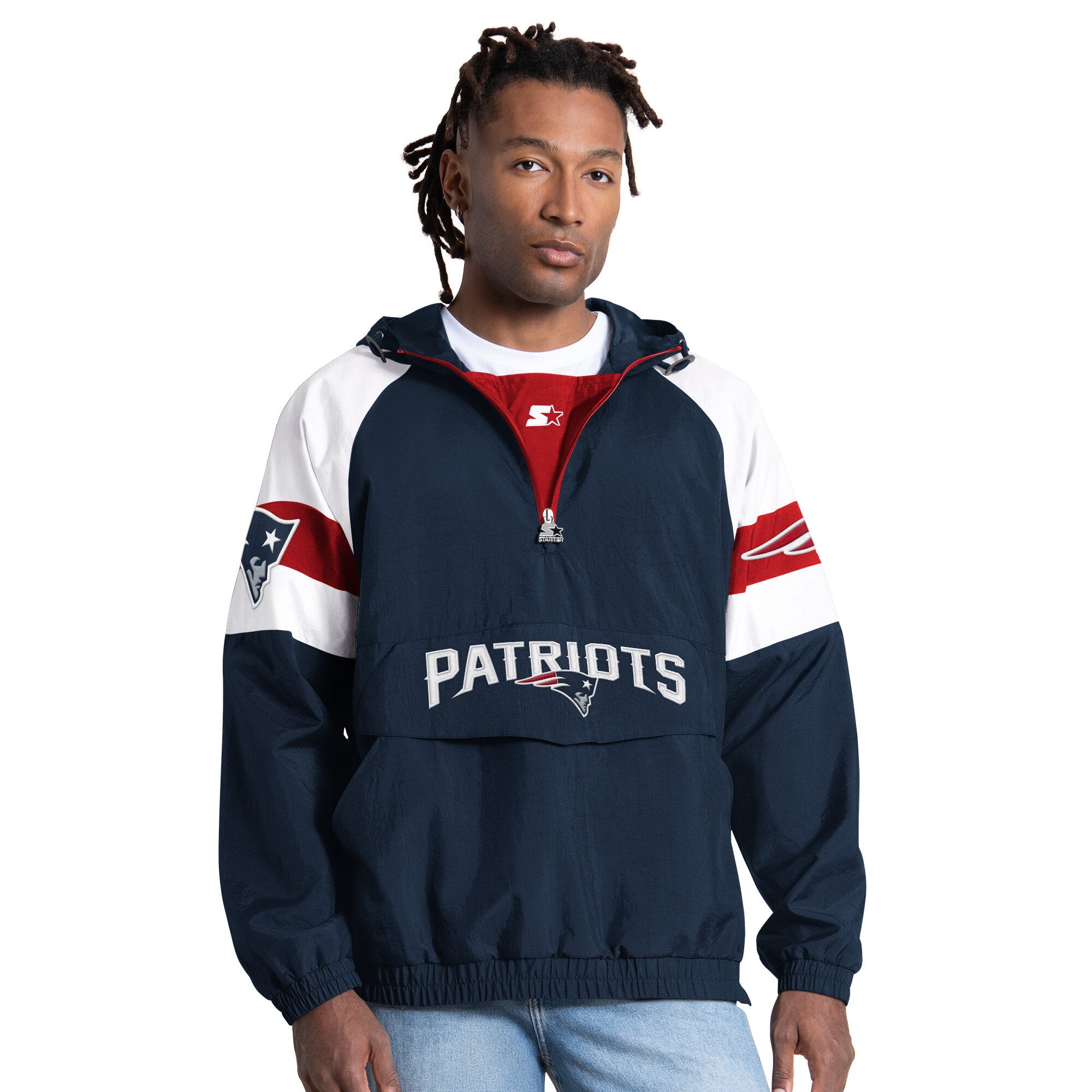 Men's Starter Navy New England Patriots Street Cut Half-Zip Jacket