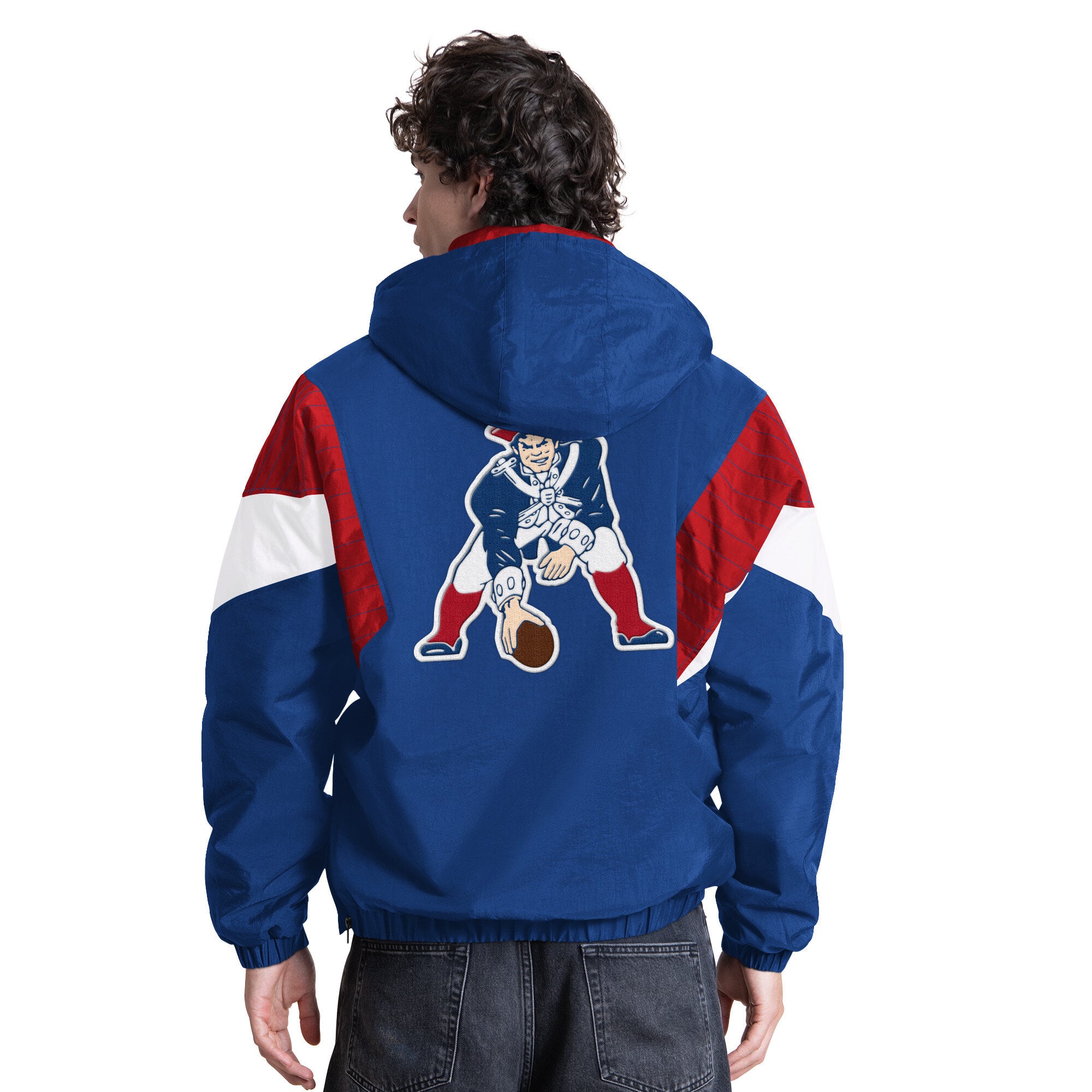 Veste à capuche demi-zip Starter Royal New England Patriots pour homme, logo rétro, modèle Throwback.