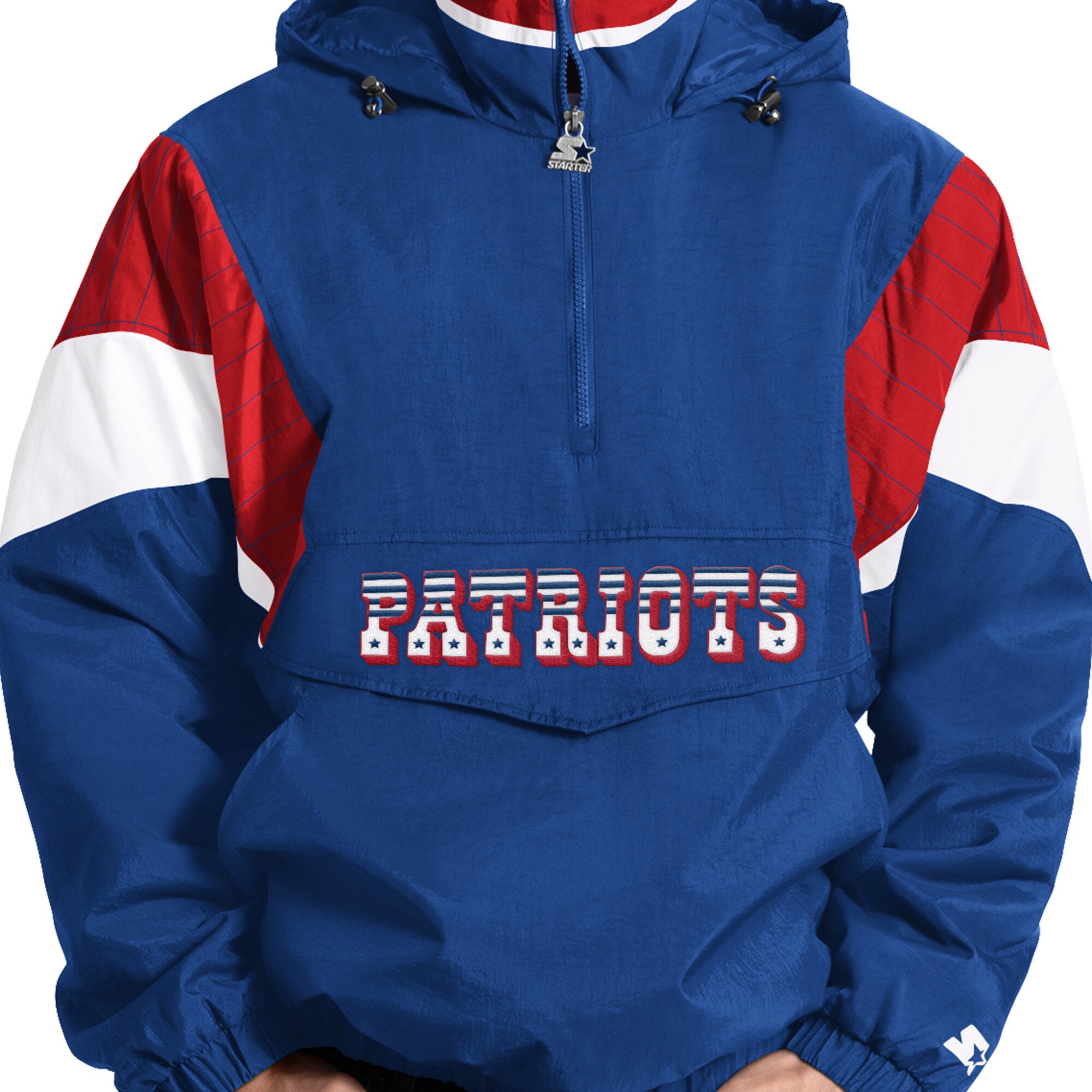 Veste à capuche demi-zip Starter Royal New England Patriots pour homme, logo rétro, modèle Throwback.