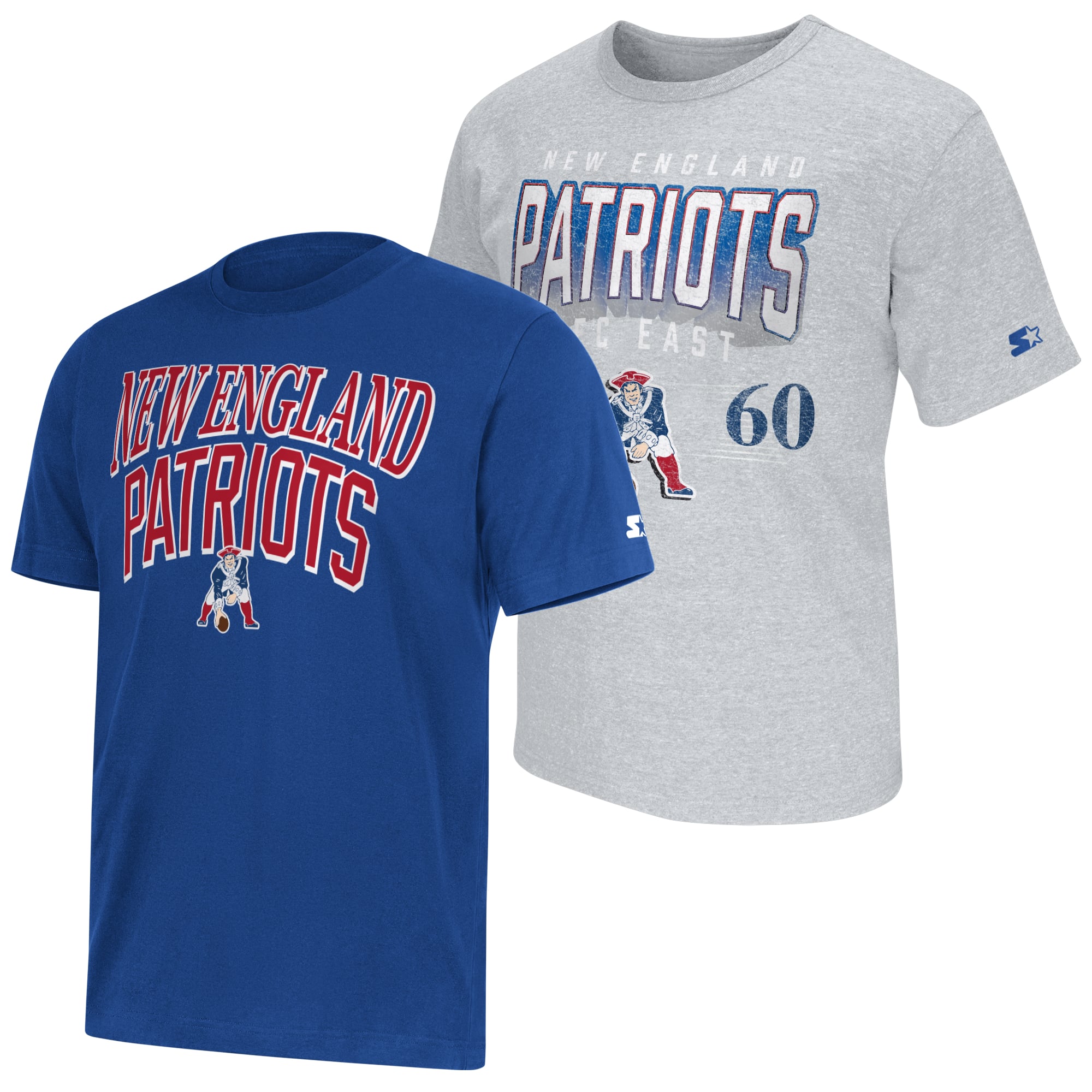 Ensemble de deux t-shirts Starter pour homme, bleu royal/gris chiné, logo rétro des New England Patriots