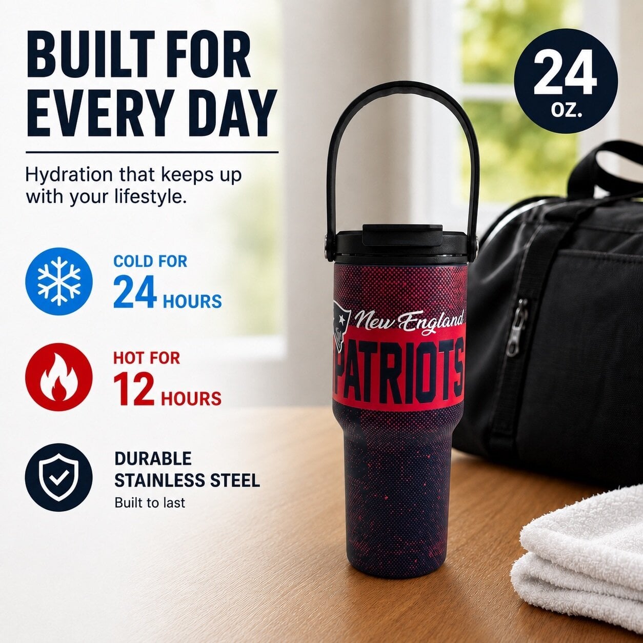 Gourde Pegasus New England Patriots 710 ml (24 oz) en acier inoxydable à double bouchon et motif moucheté dégradé