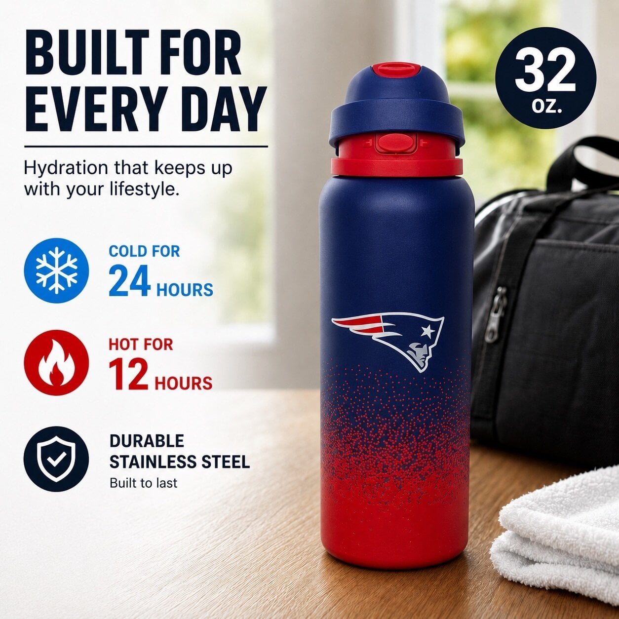 Gourde Pegasus New England Patriots 946 ml (32 oz) en acier inoxydable dégradé ProFlow