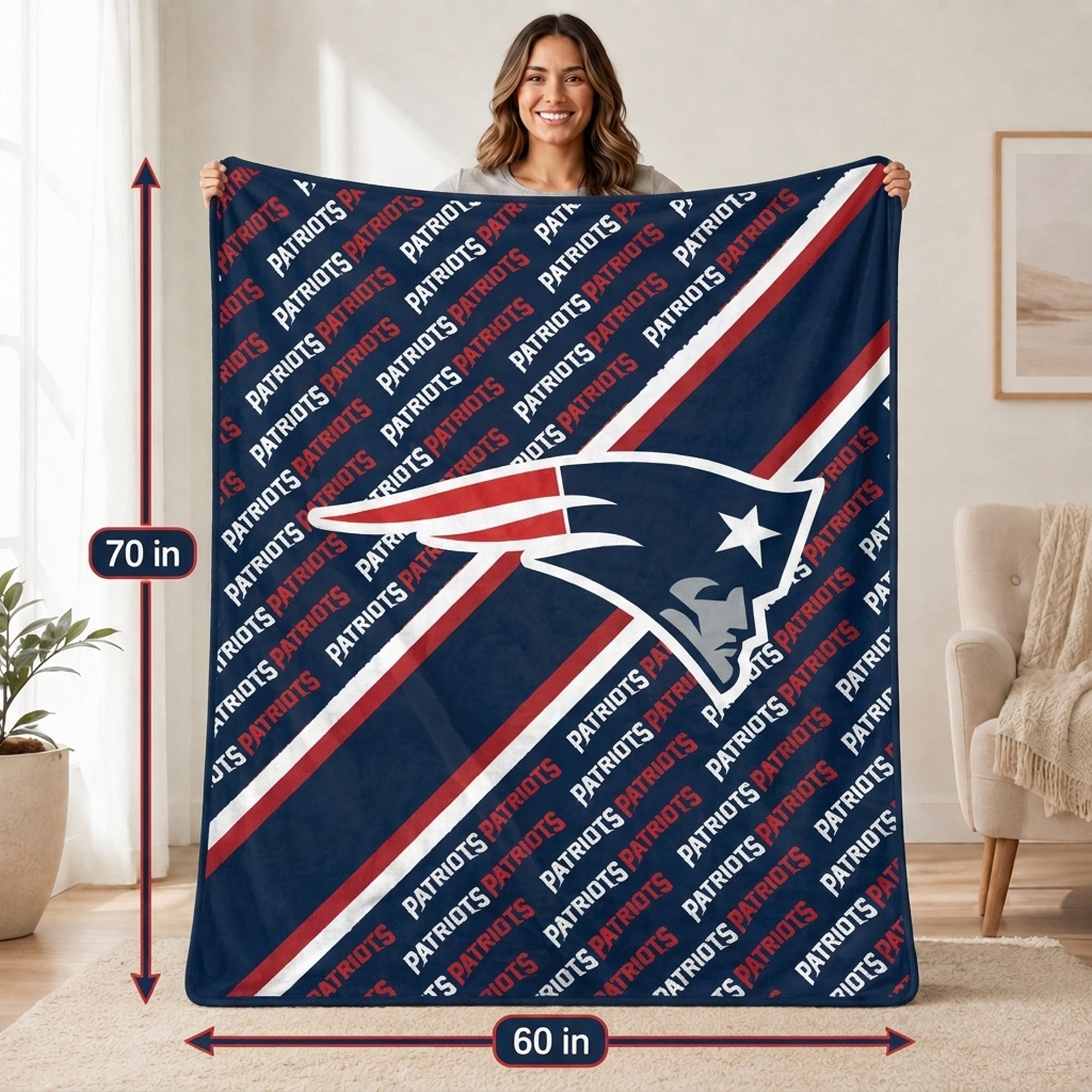 Couverture ultra douce Pegasus New England Patriots, 152 x 178 cm (diagonale), doublée, avec logo.
