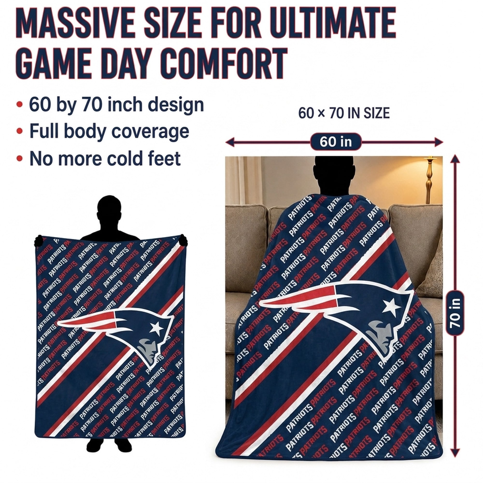 Couverture ultra douce Pegasus New England Patriots, 152 x 178 cm (diagonale), doublée, avec logo.